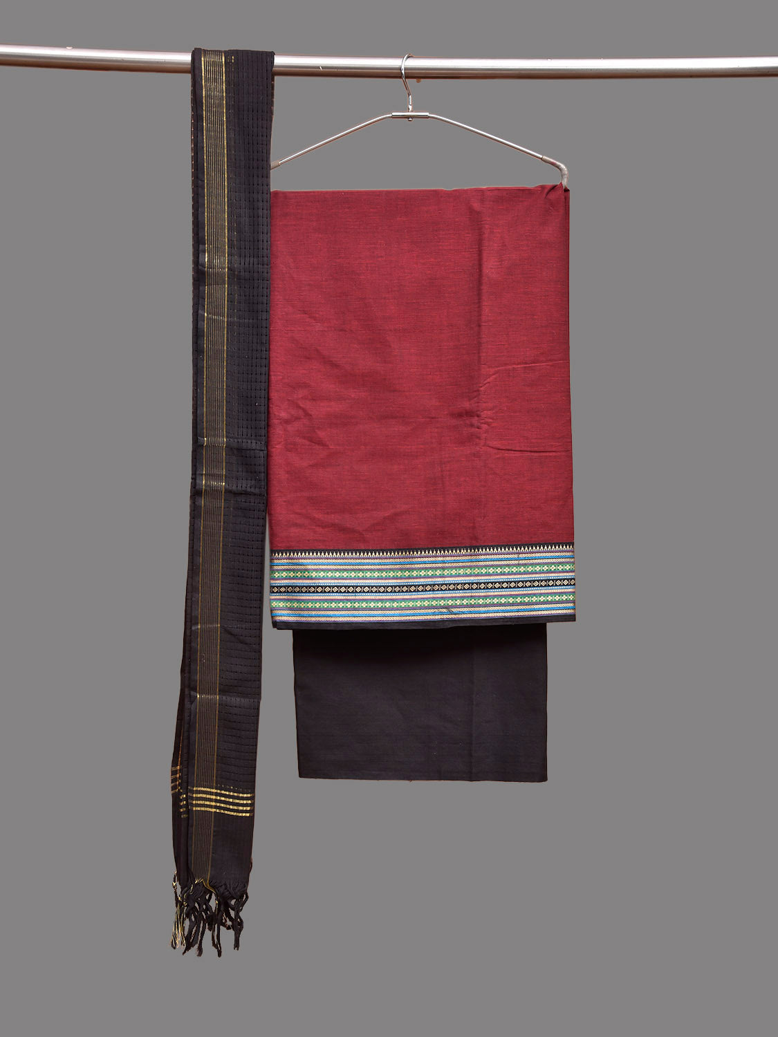 Maroon and Black Kanchipuram Cotton Dress Material with Top Bottom and Dupatta 2.5mt Length dm0088