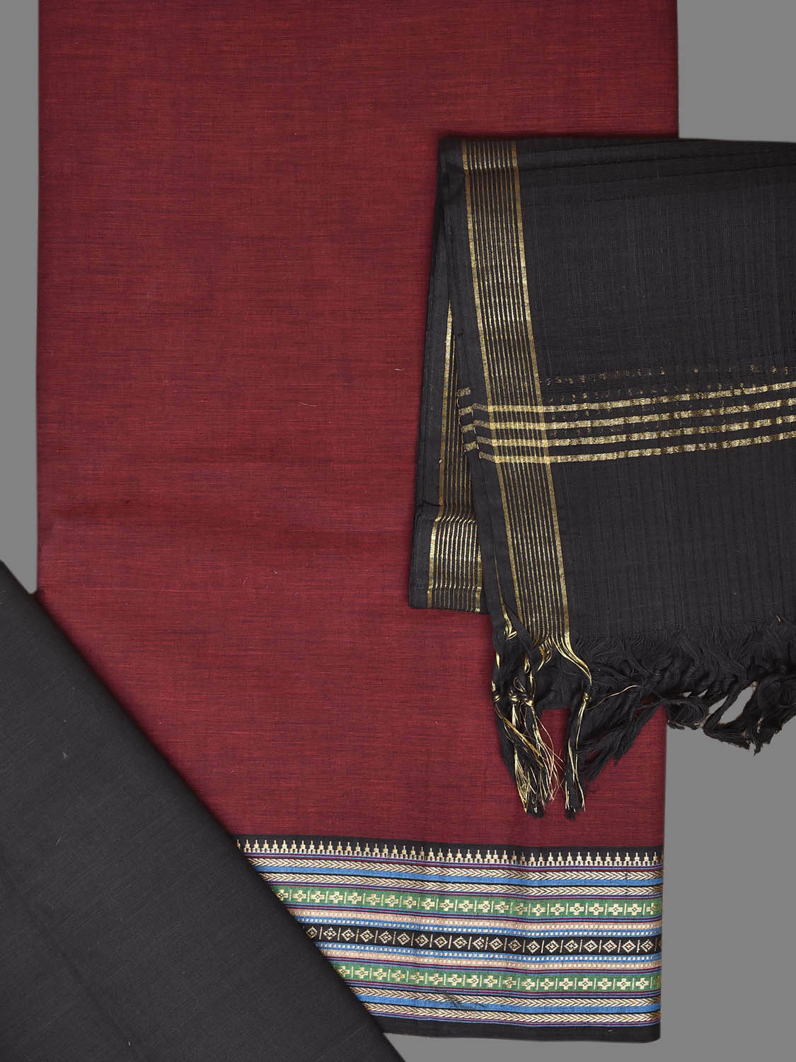Maroon and Black Kanchipuram Cotton Dress Material with Top Bottom and Dupatta 2.5mt Length dm0088