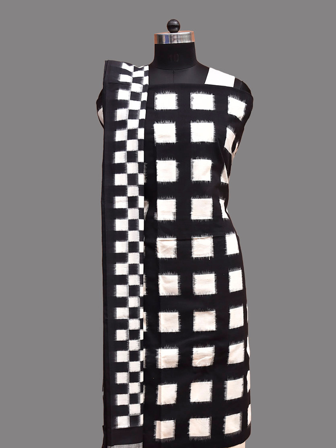 Black and White Pochampally Ikat Cotton Handloom Dress Material with Top Bottom and Dupatta 2.5mt Length dm0090