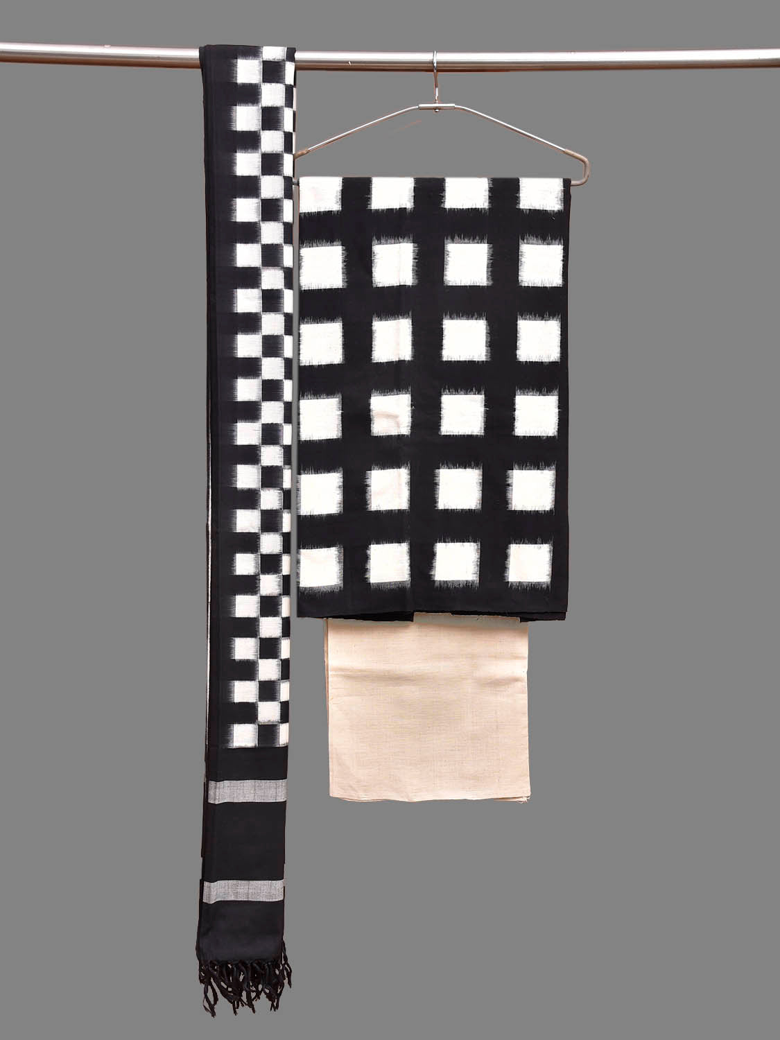 Black and White Pochampally Ikat Cotton Handloom Dress Material with Top Bottom and Dupatta 2.5mt Length dm0090