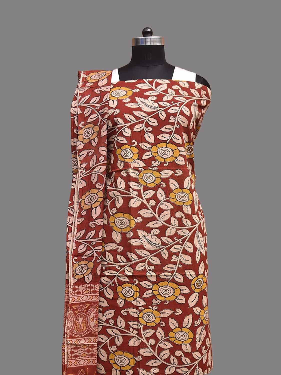 Red and Light Peach Kalamkari Printed Cotton Dress Material with Top Bottom and Dupatta 2.5mt Length dm0092