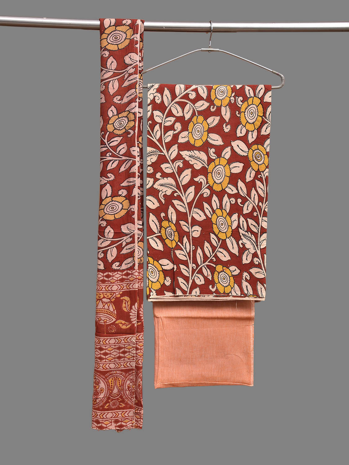 Red and Light Peach Kalamkari Printed Cotton Dress Material with Top Bottom and Dupatta 2.5mt Length dm0092
