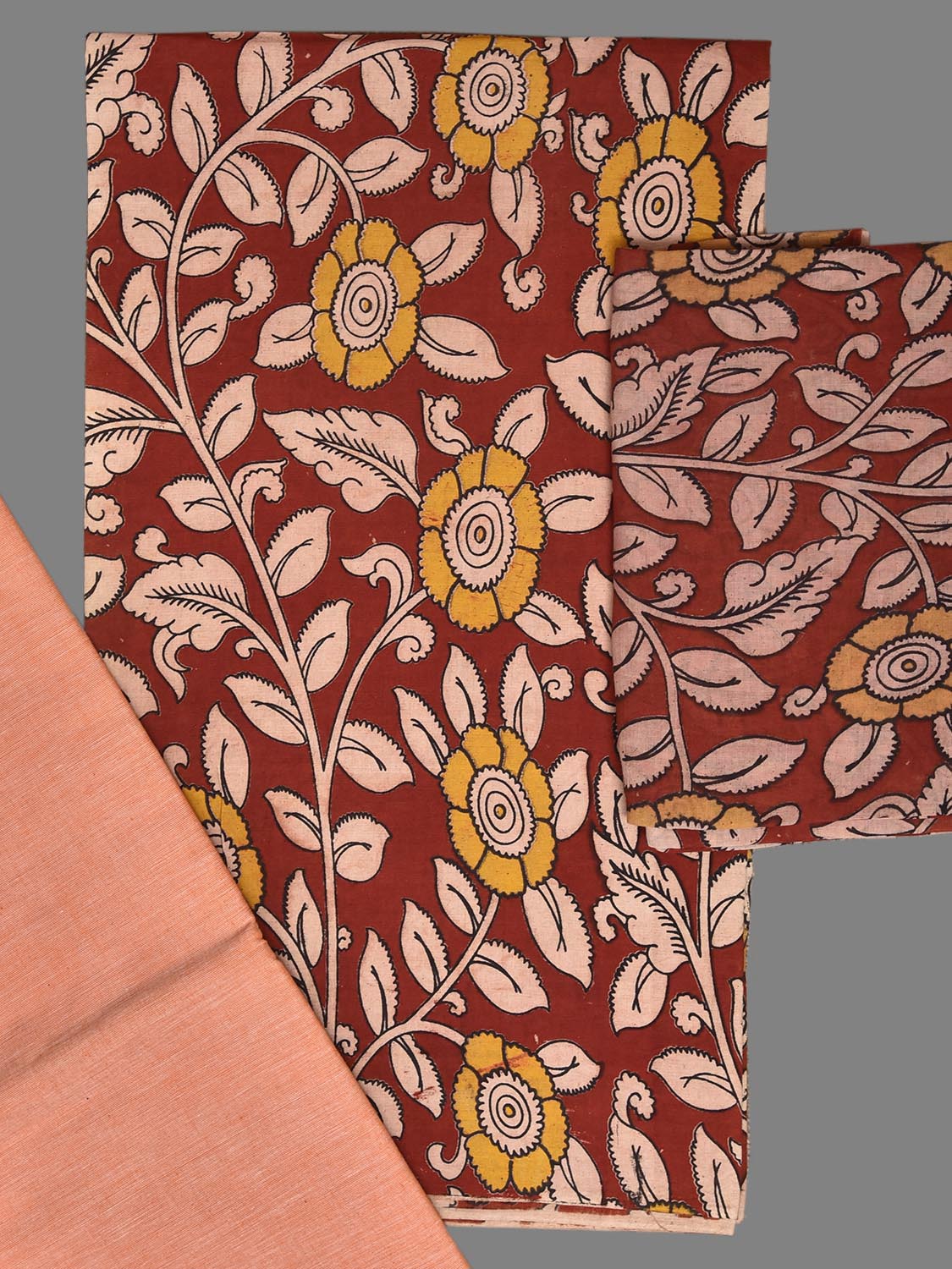 Red and Light Peach Kalamkari Printed Cotton Dress Material with Top Bottom and Dupatta 2.5mt Length dm0092