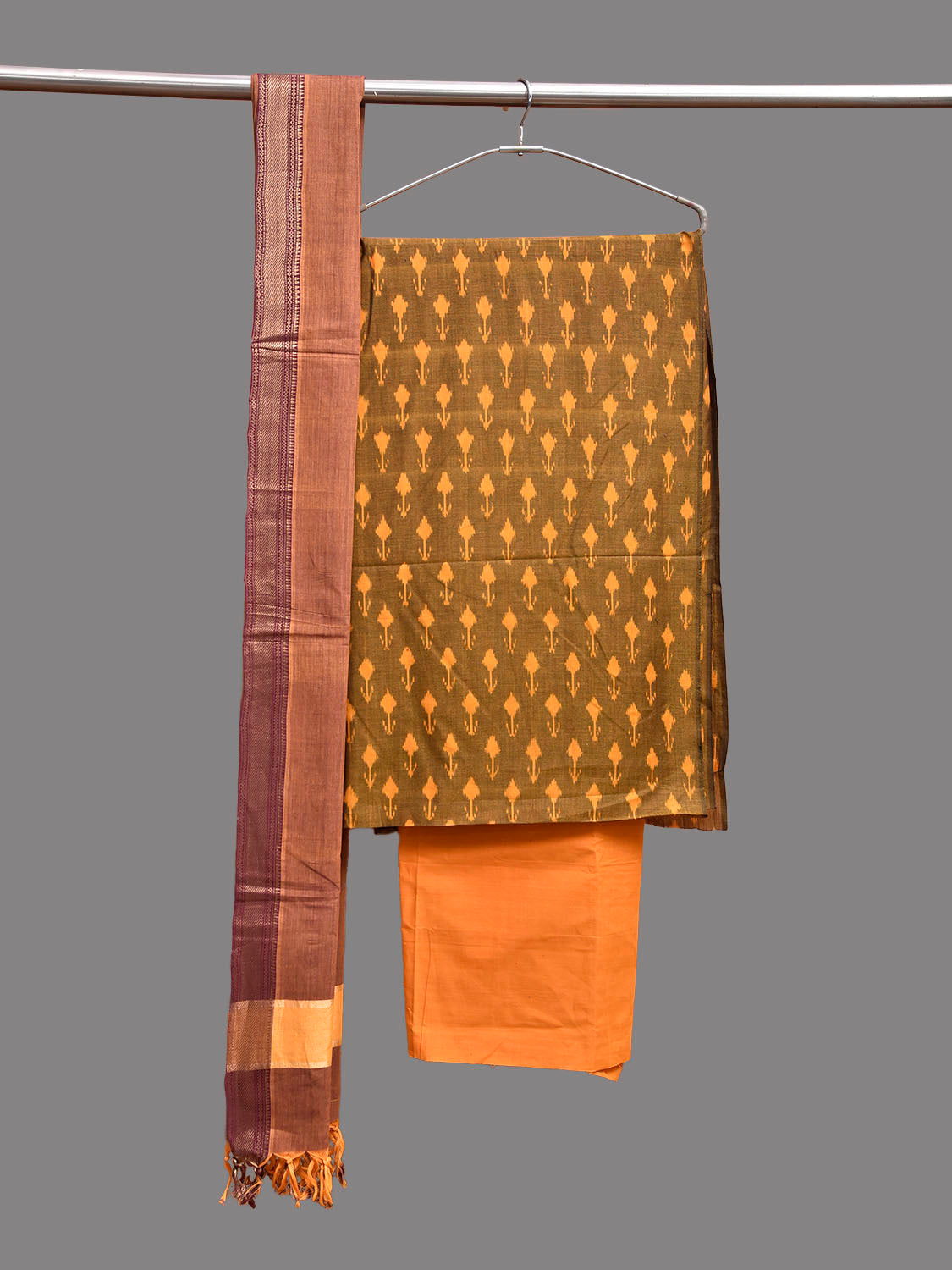 Olive and Light Orange Pochampally Ikat Cotton Handloom Dress Material with Top Bottom and Mangalgiri Dupatta dm0093