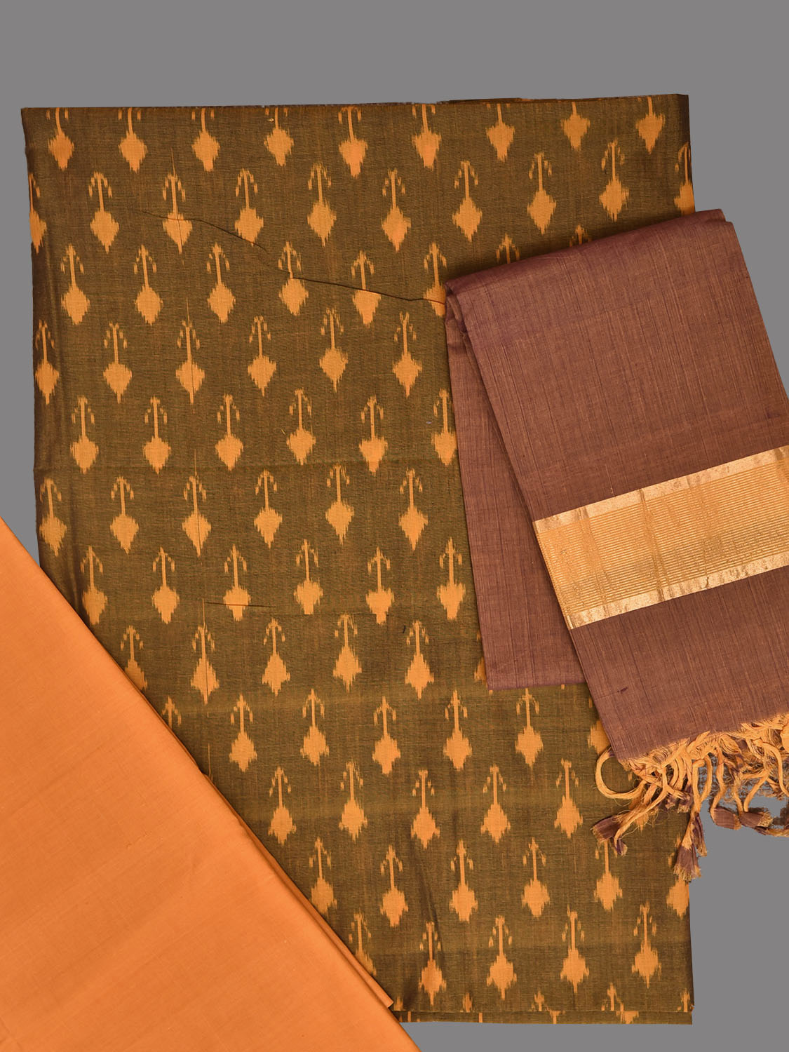 Olive and Light Orange Pochampally Ikat Cotton Handloom Dress Material with Top Bottom and Mangalgiri Dupatta dm0093