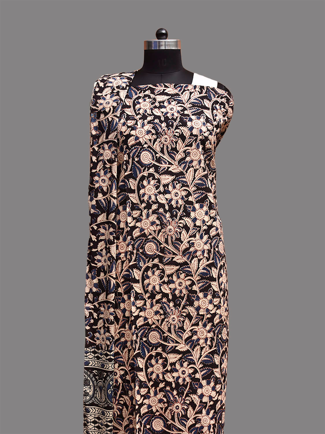 Black and Blue Kalamkari Block Print Cotton Dress Material with Top Bottom and Dupatta dm0094
