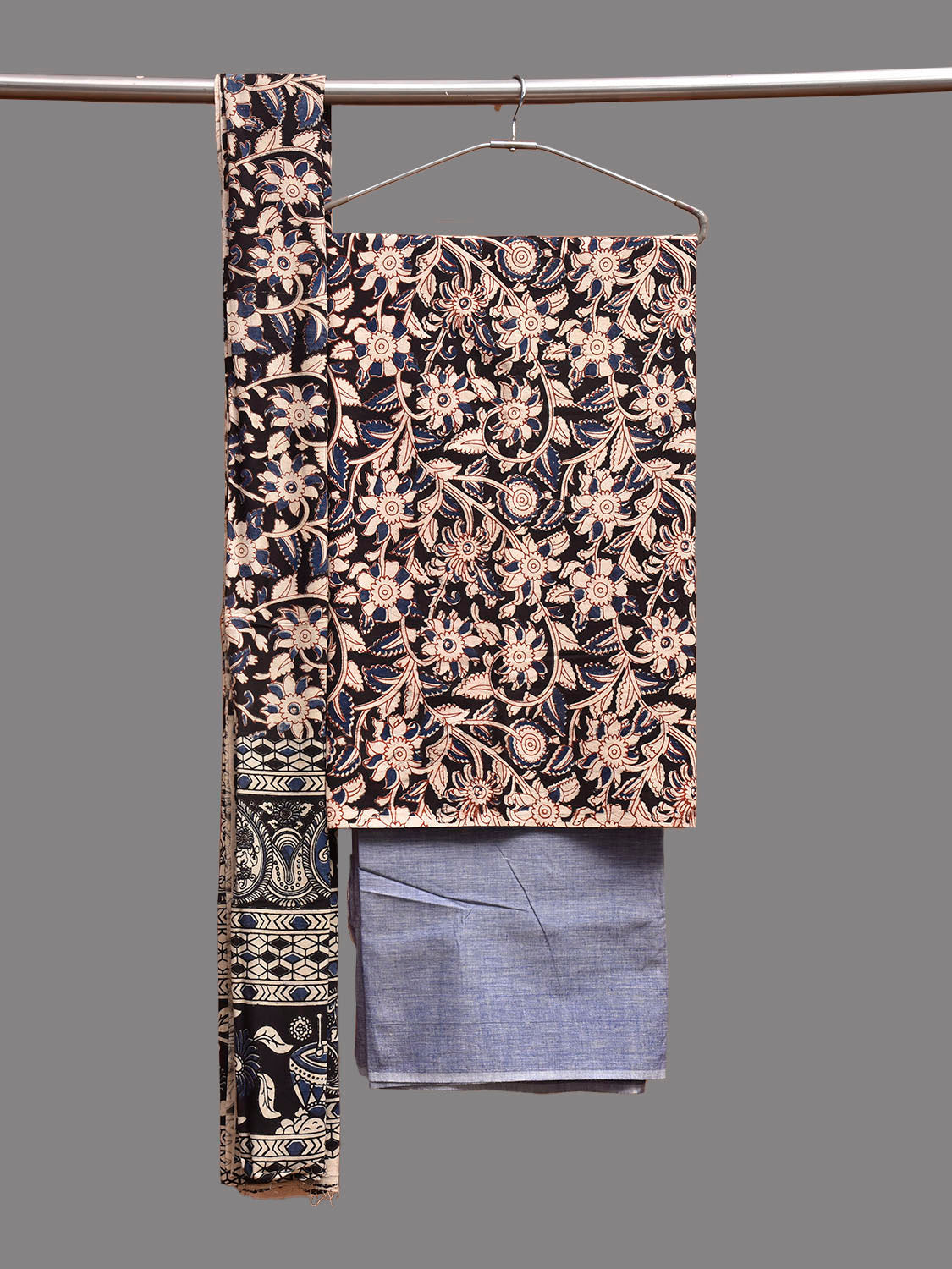 Black and Blue Kalamkari Block Print Cotton Dress Material with Top Bottom and Dupatta dm0094
