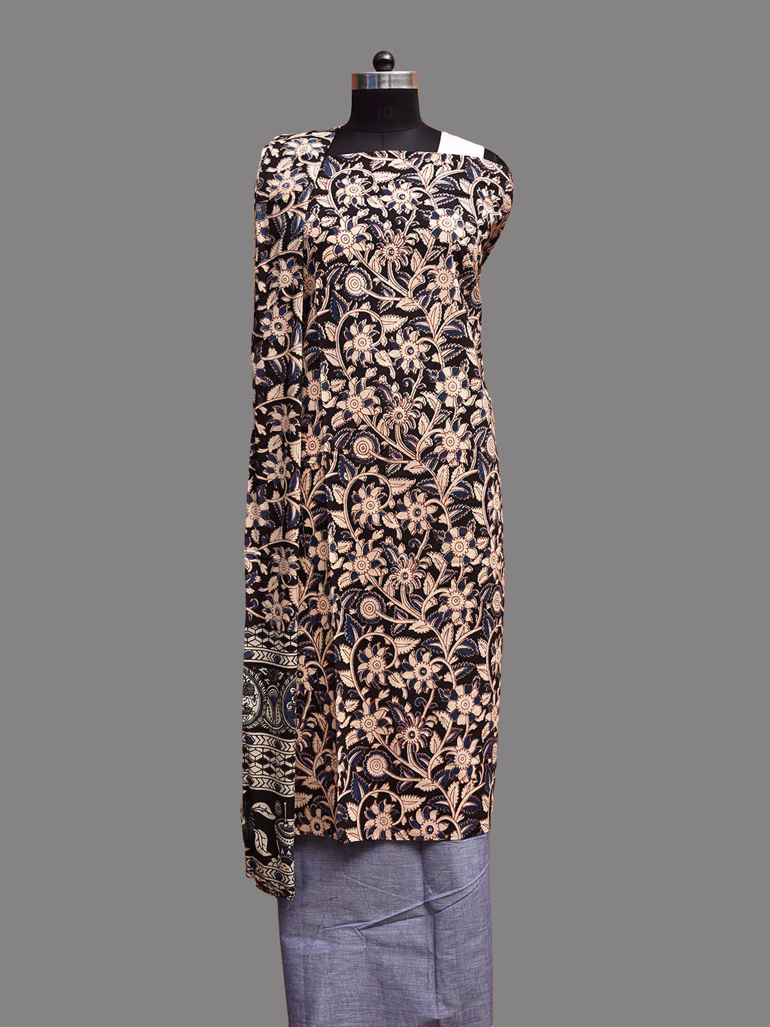 Black and Blue Kalamkari Block Print Cotton Dress Material with Top Bottom and Dupatta dm0094