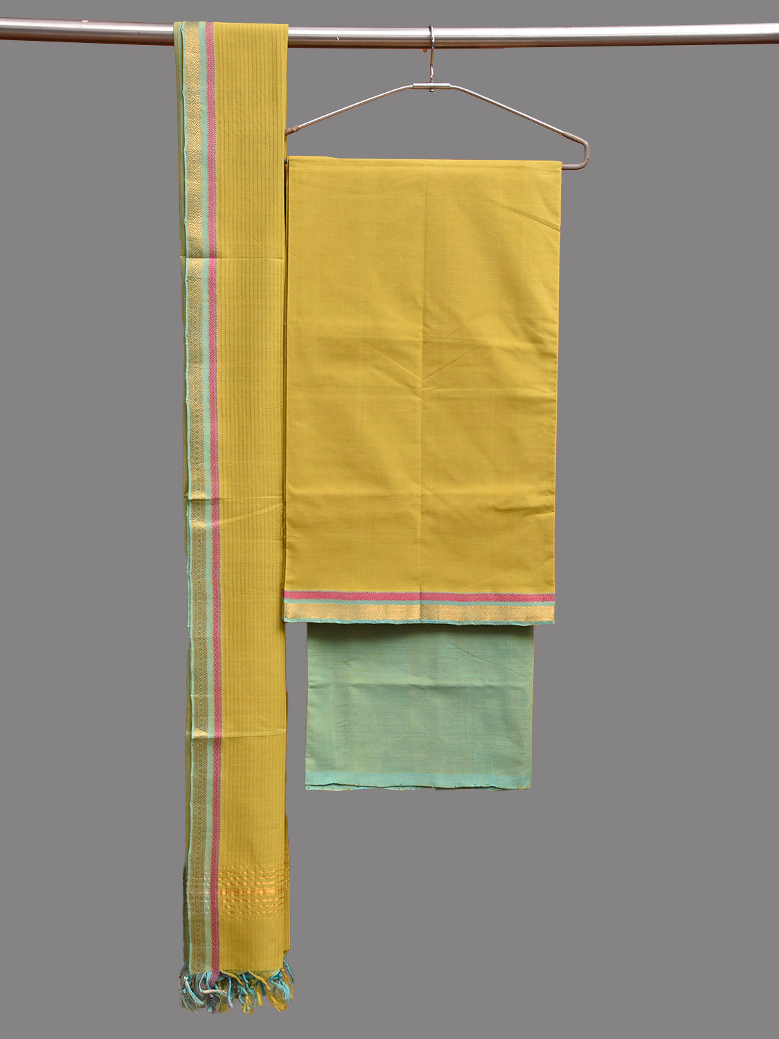 Light Green Mangalgiri Cotton Dress Material with Top Bottom and Strips Dupatta dm0095