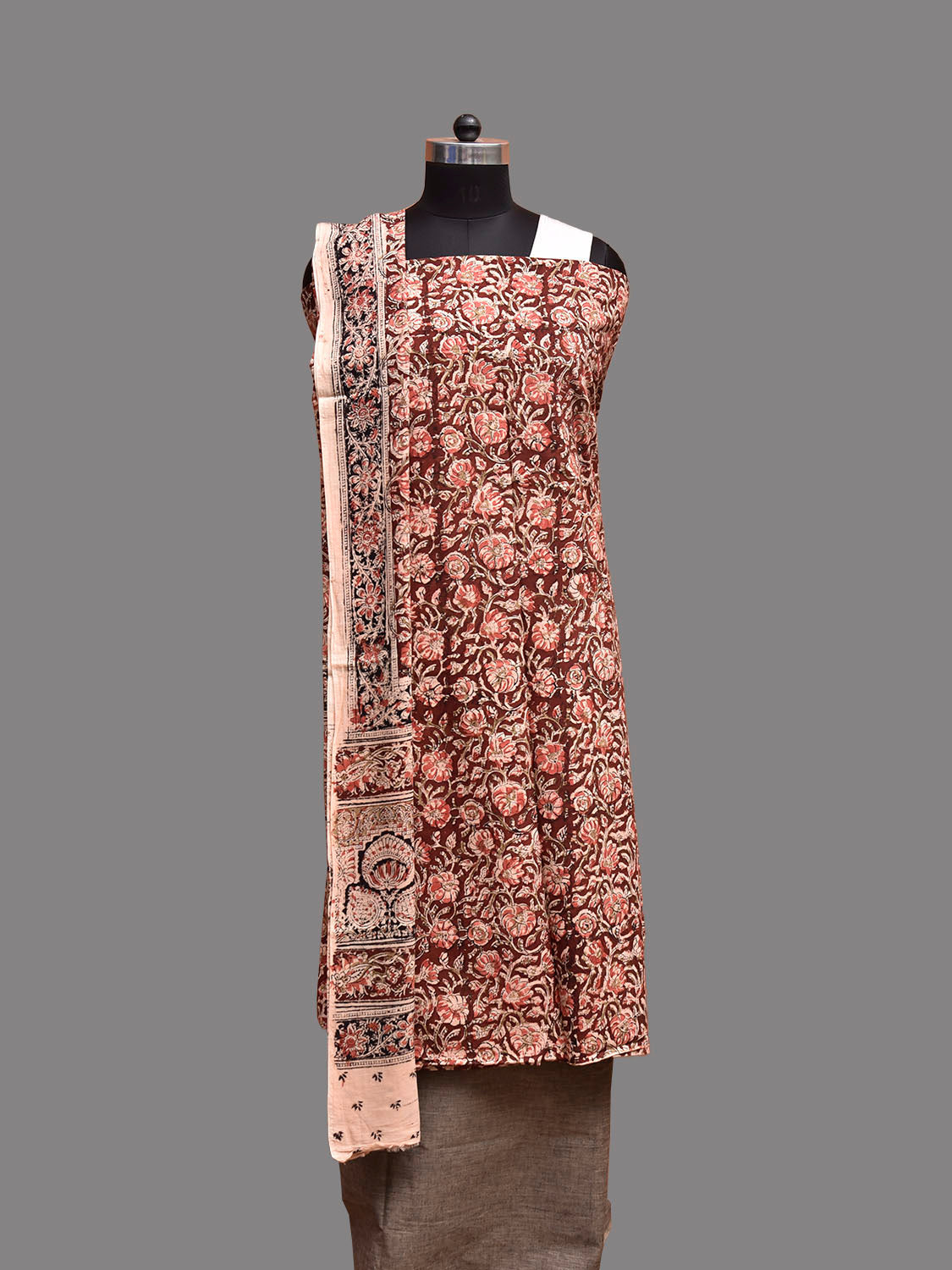 Maroon and Grey Kalamkari Block Print Cotton Dress Material with Top Bottom and Dupatta dm0096