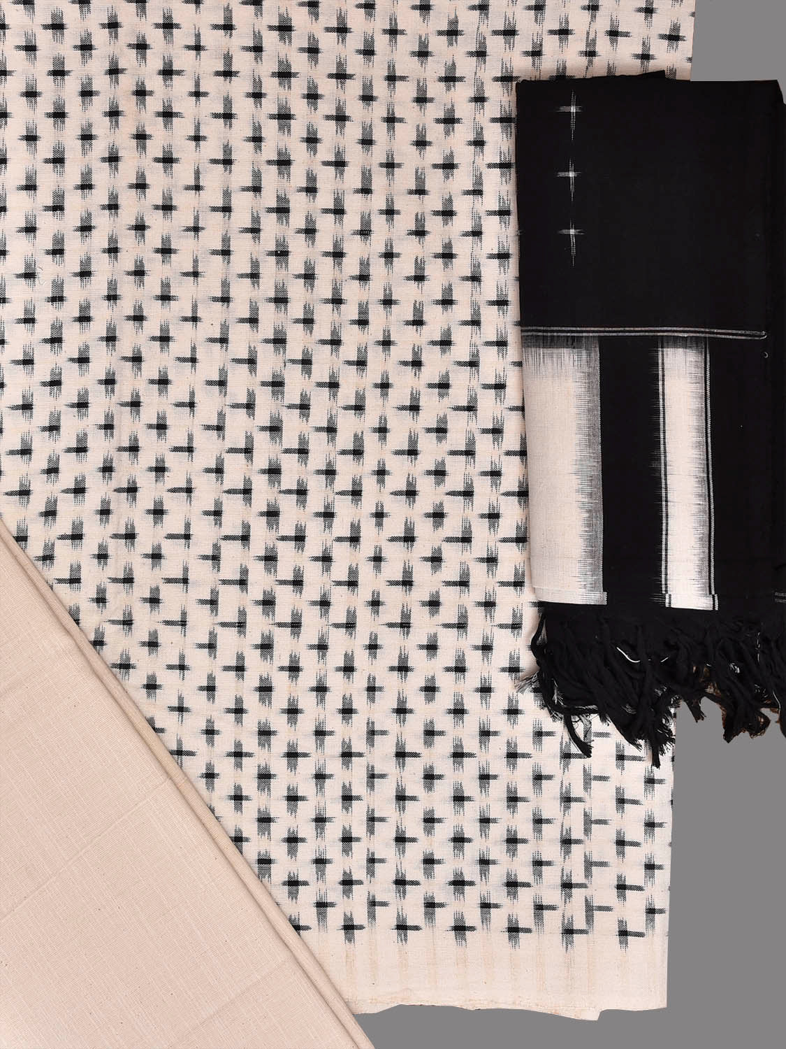 Black and White Pochampally Ikat Cotton Handloom Dress Material with Top Khadi Bottom and Dupatta dm0097