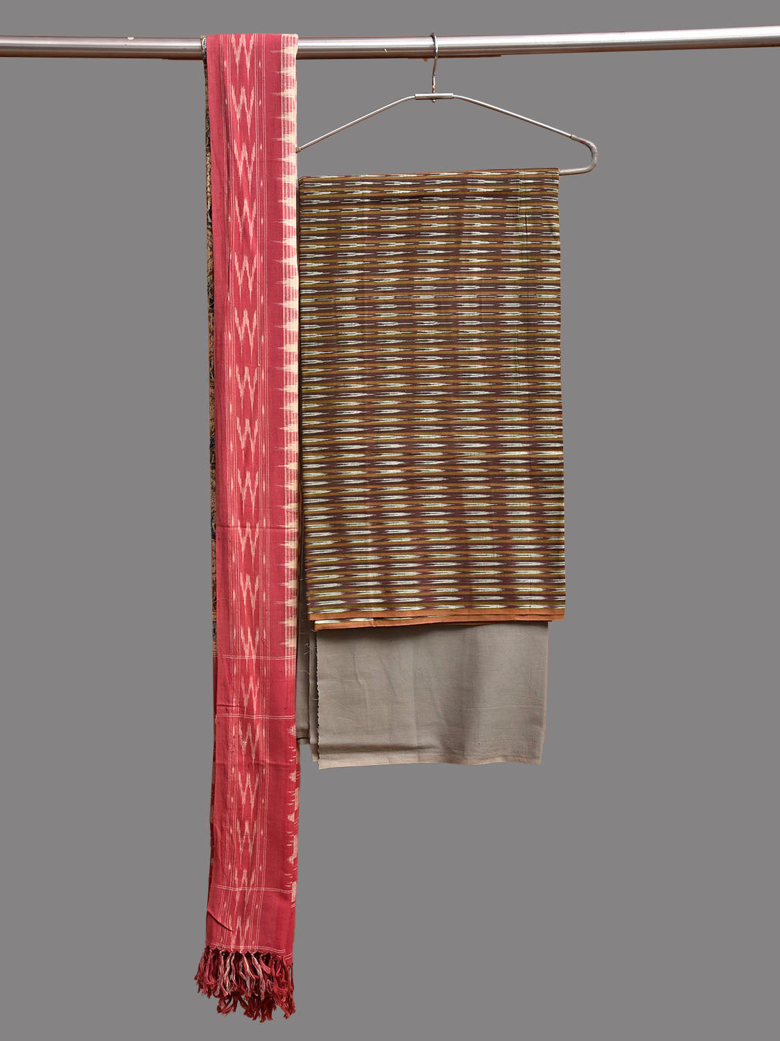 Olive and Grey Pochampally Ikat Cotton Handloom Dress Material with Top Bottom and Kalamkari Block Print Dupatta dm0098