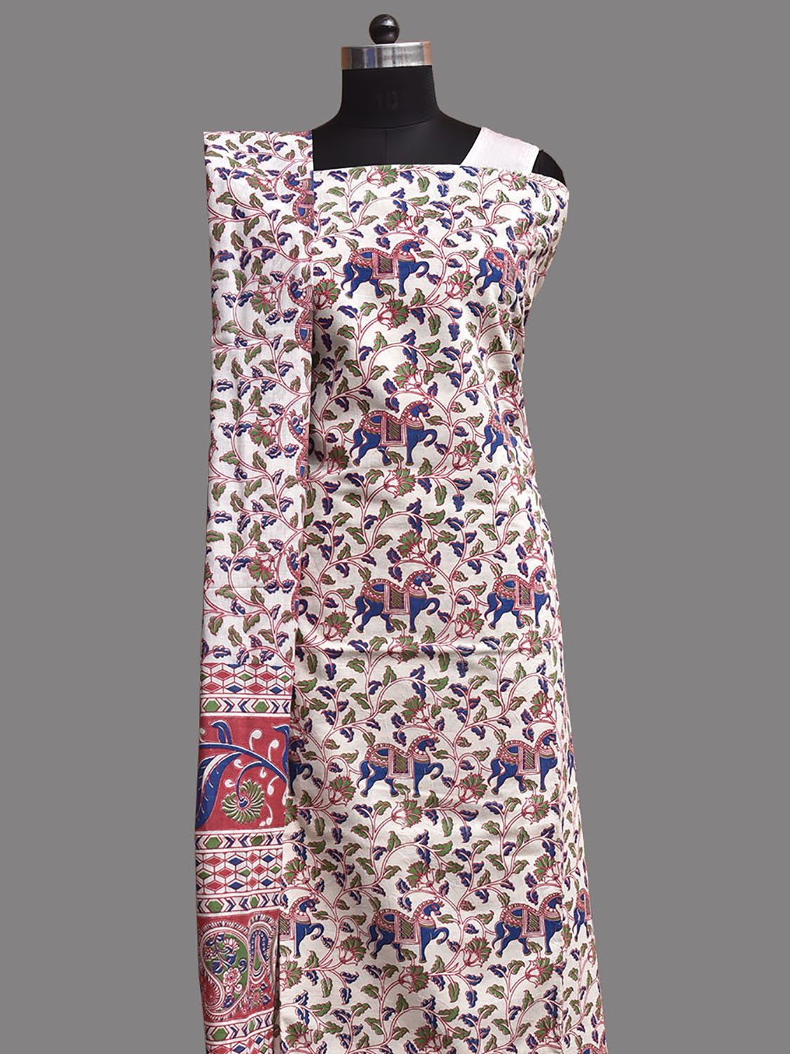 White and Peach Printed Cotton Dress Material with Top Bottom and Dupatta dm0099