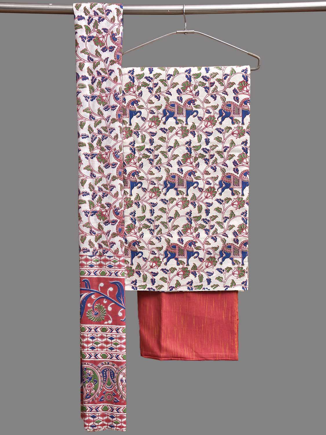 White and Peach Printed Cotton Dress Material with Top Bottom and Dupatta dm0099