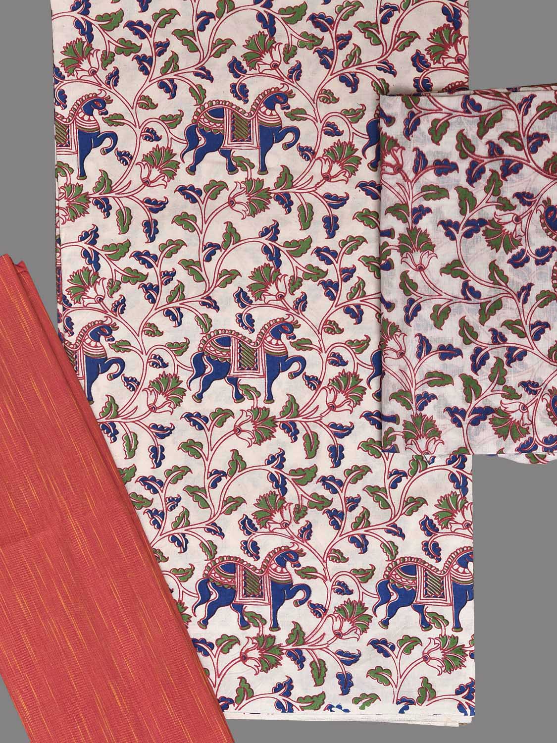 White and Peach Printed Cotton Dress Material with Top Bottom and Dupatta dm0099