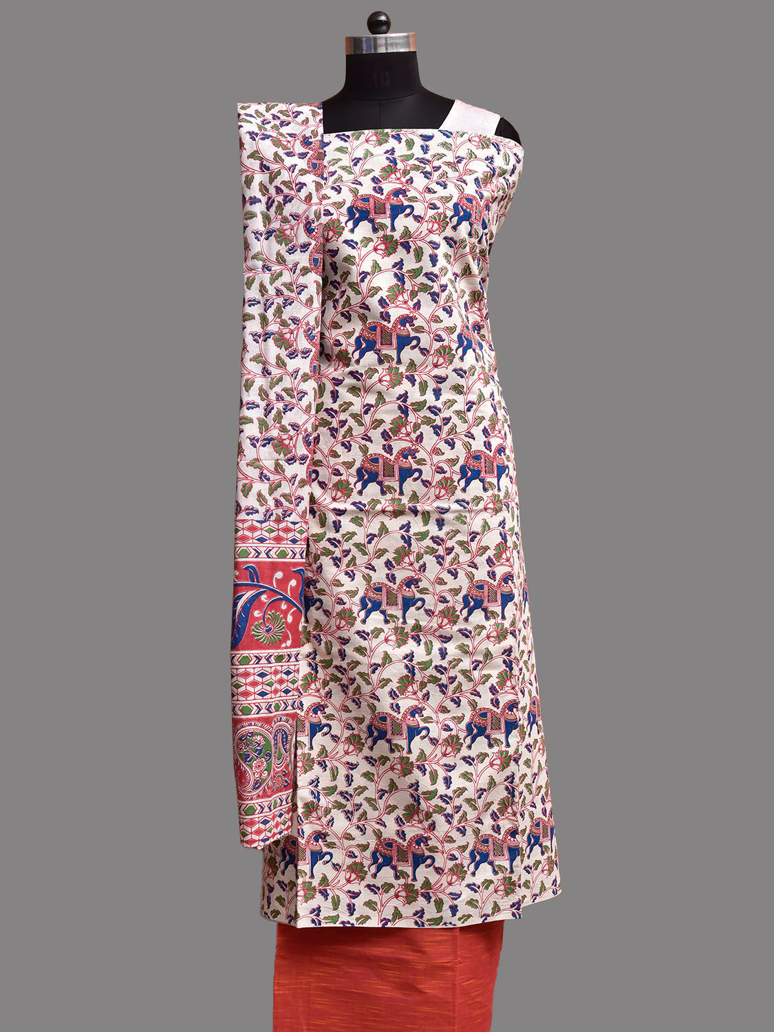 White and Peach Printed Cotton Dress Material with Top Bottom and Dupatta dm0099