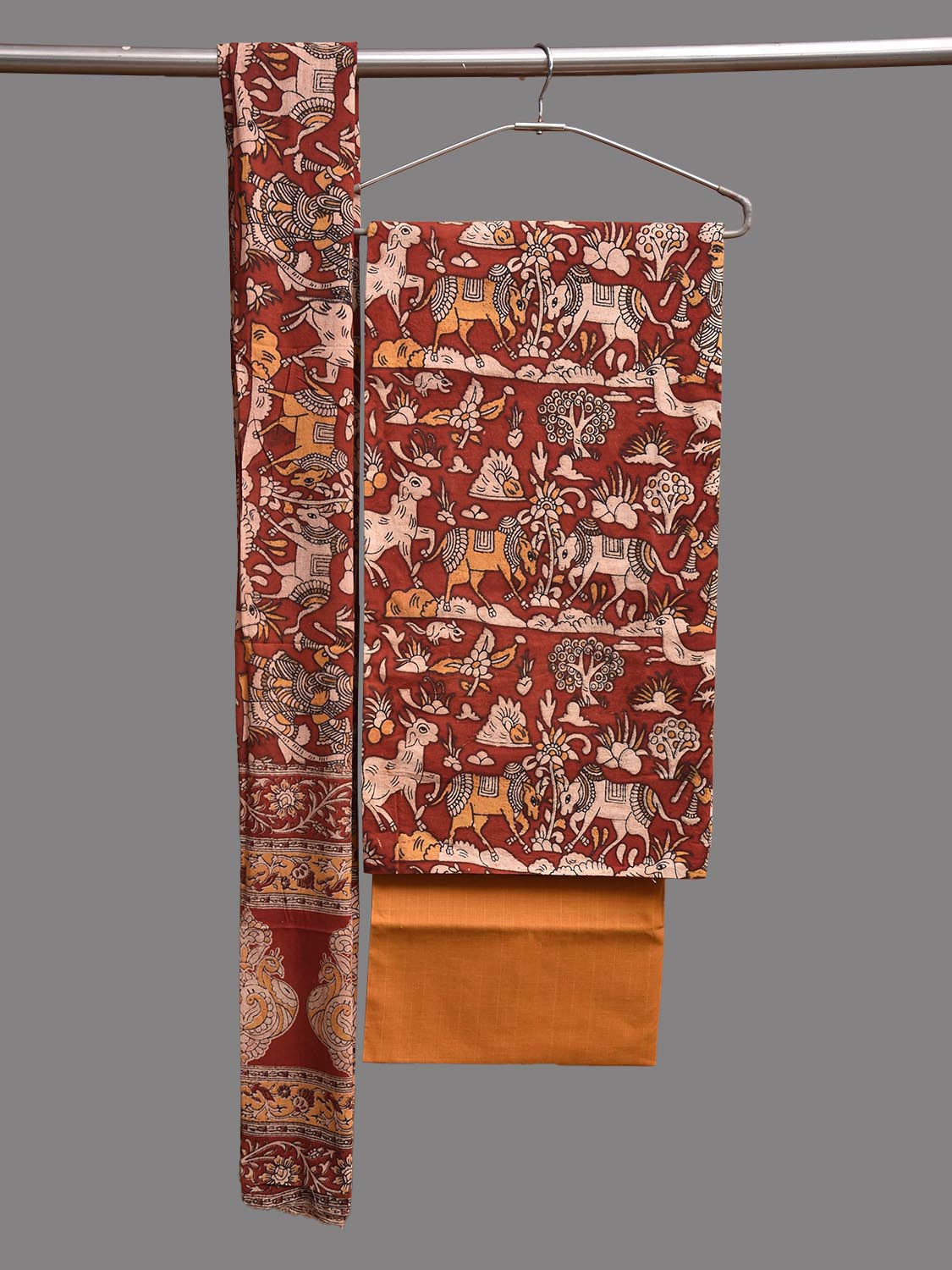 Dark Red and Mustard Kalamkari Print Cotton Dress Material with Top Bottom and Dupatta dm0100