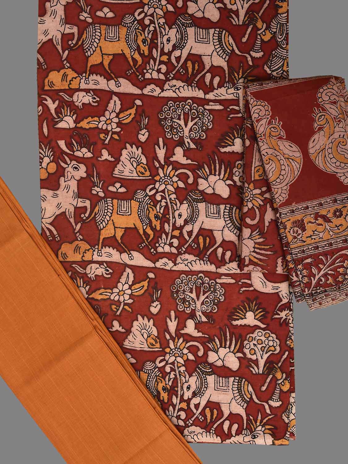 Dark Red and Mustard Kalamkari Print Cotton Dress Material with Top Bottom and Dupatta dm0100