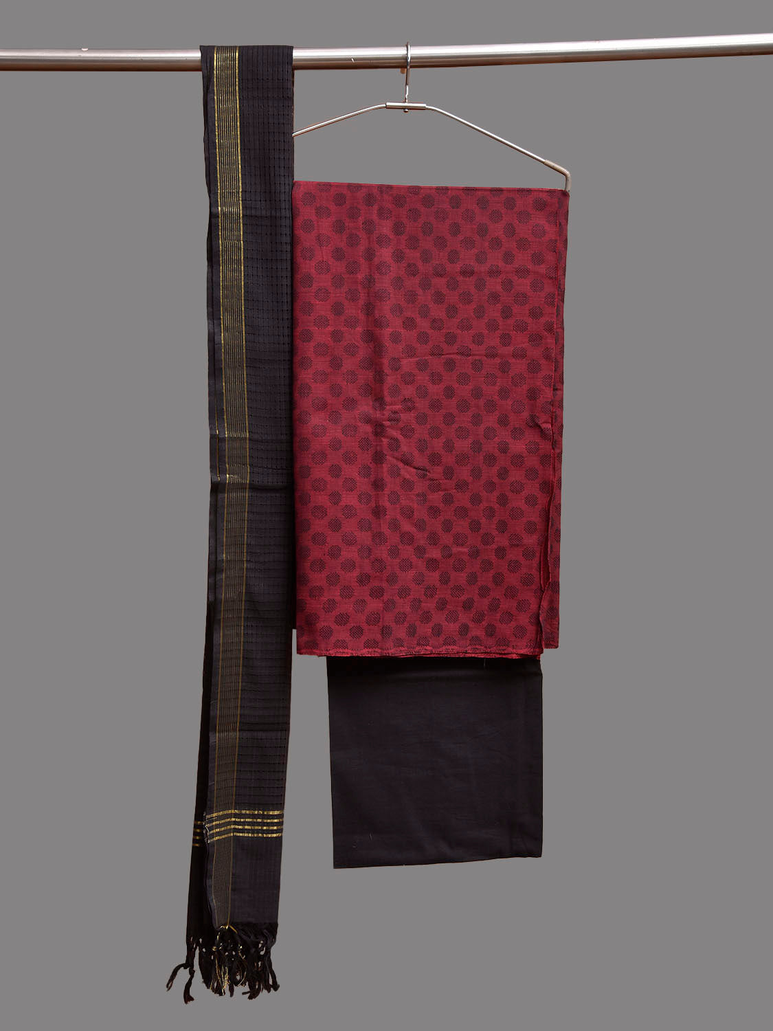 Maroon and Black Mangalgiri Cotton Dress Material with Top Bottom and Strips Dupatta dm0102