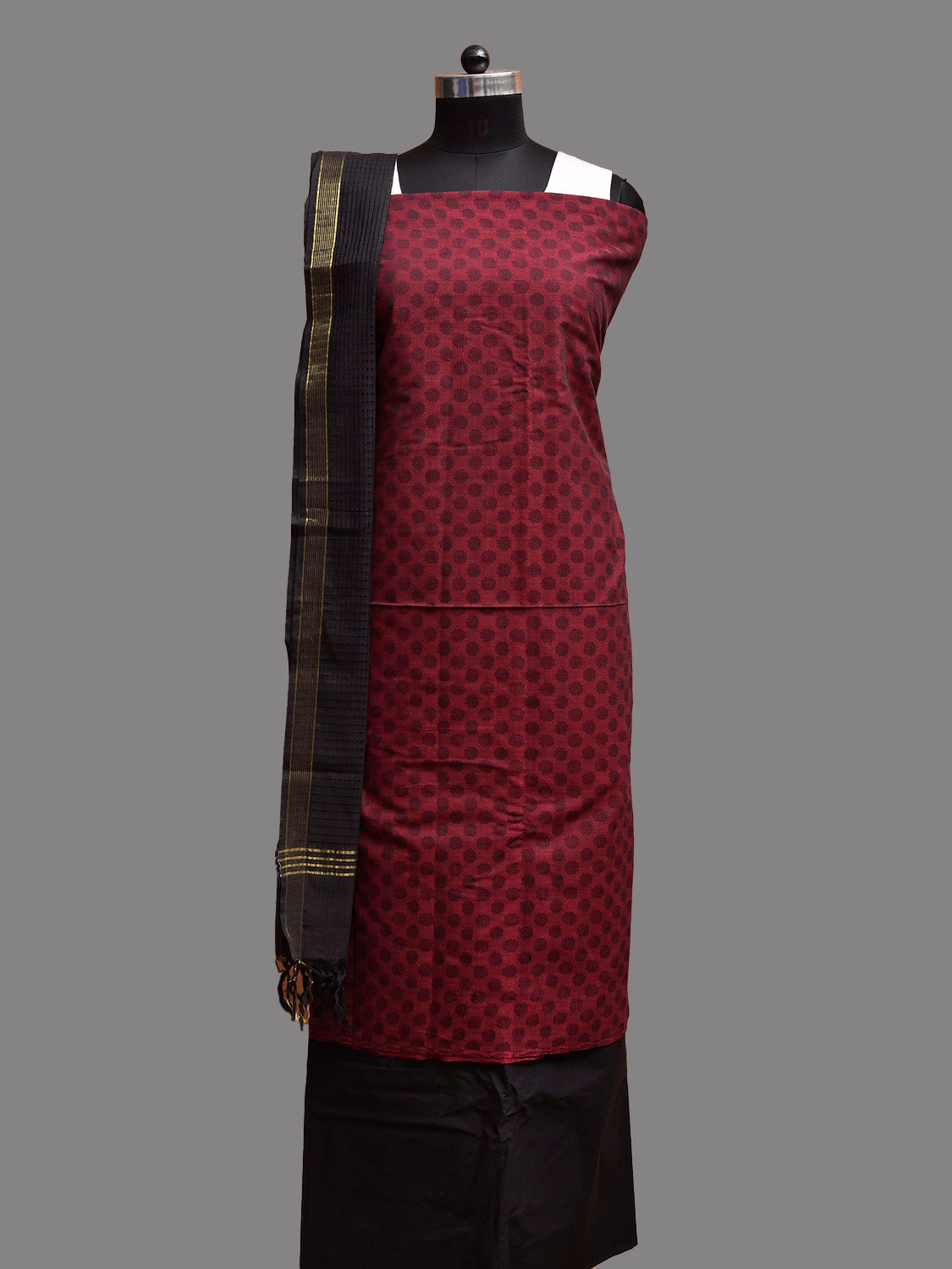 Maroon and Black Mangalgiri Cotton Dress Material with Top Bottom and Strips Dupatta dm0102