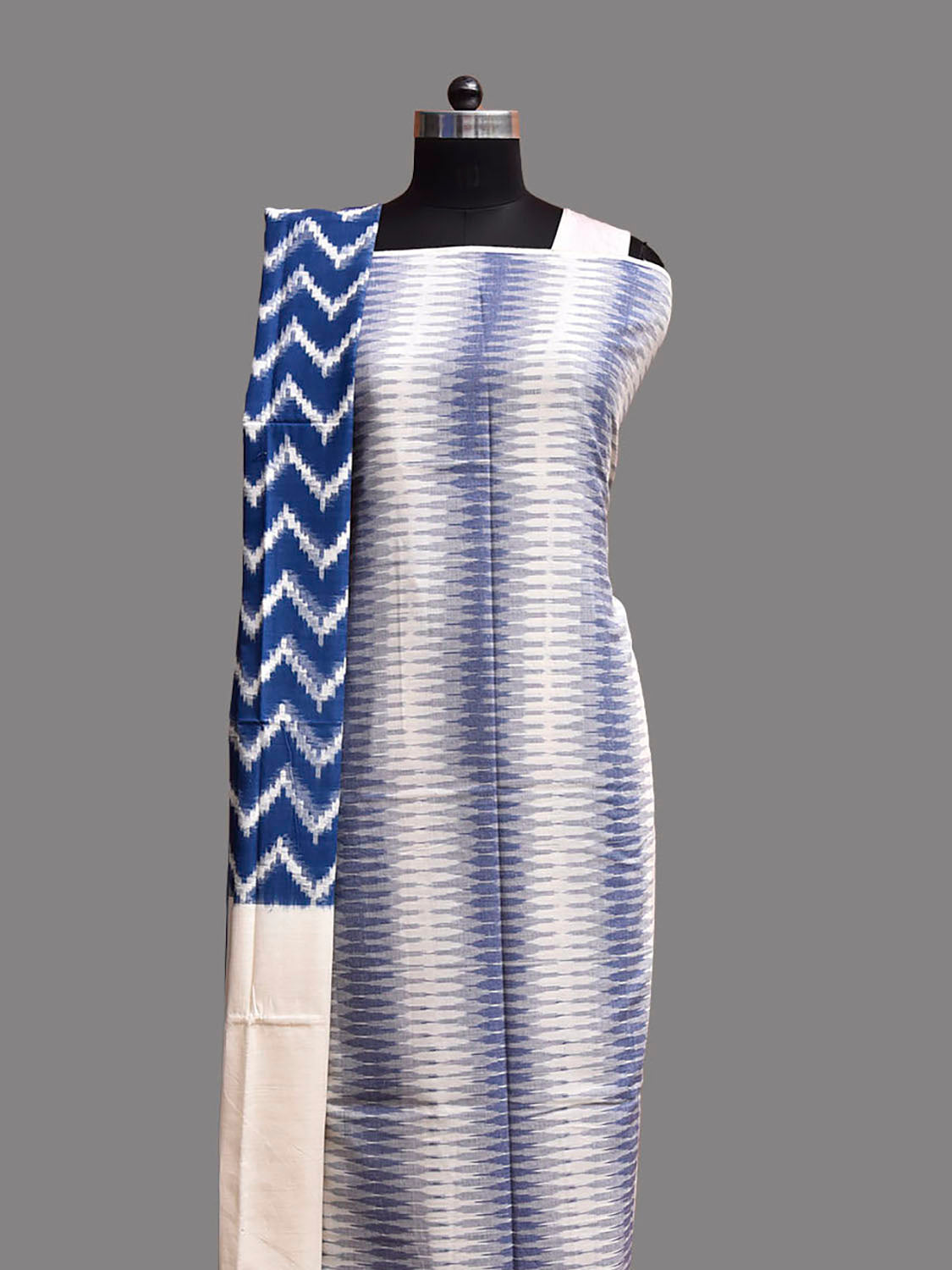 Blue and White Pochampally Ikat Cotton Handloom Dress Material with Top Khadi Bottom and Dupatta dm0103 – Nilambari Sarees
