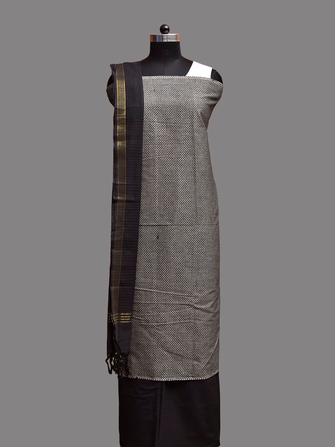 Grey and Black Mangalgiri Cotton Dress Material with Top Bottom and Strips Dupatta dm0104