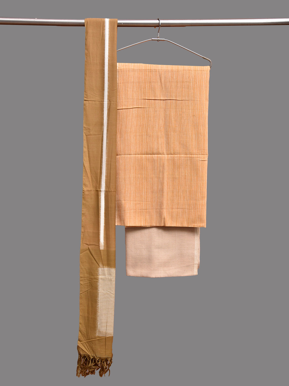 Cream and Yellow Pochampally Ikat Cotton Handloom Dress Material with Top Bottom and Dupatta dm0106