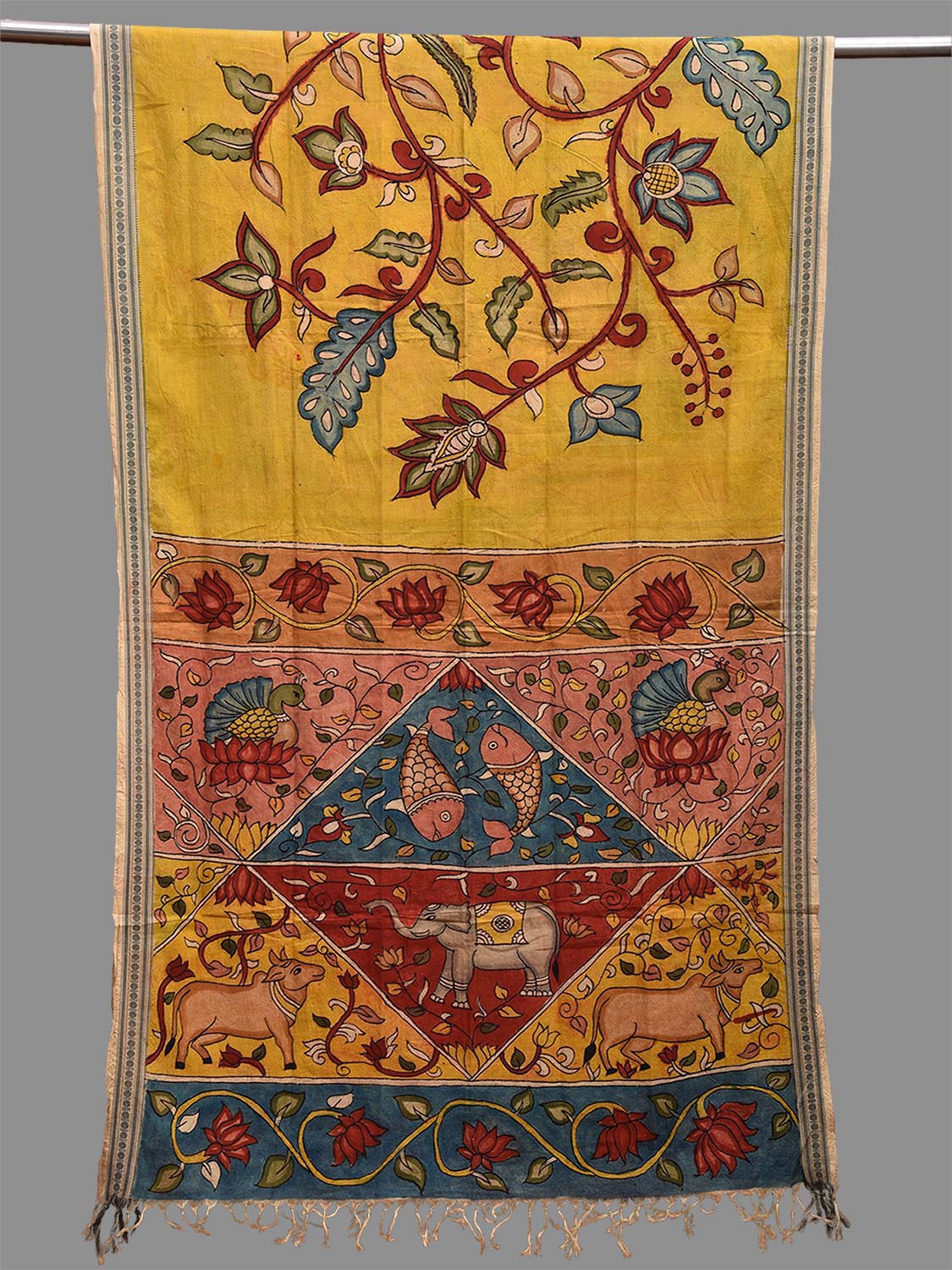 Yellow Kalamkari Hand Painted Cotton Handloom Dupatta with Floral and Animals Design ds3680