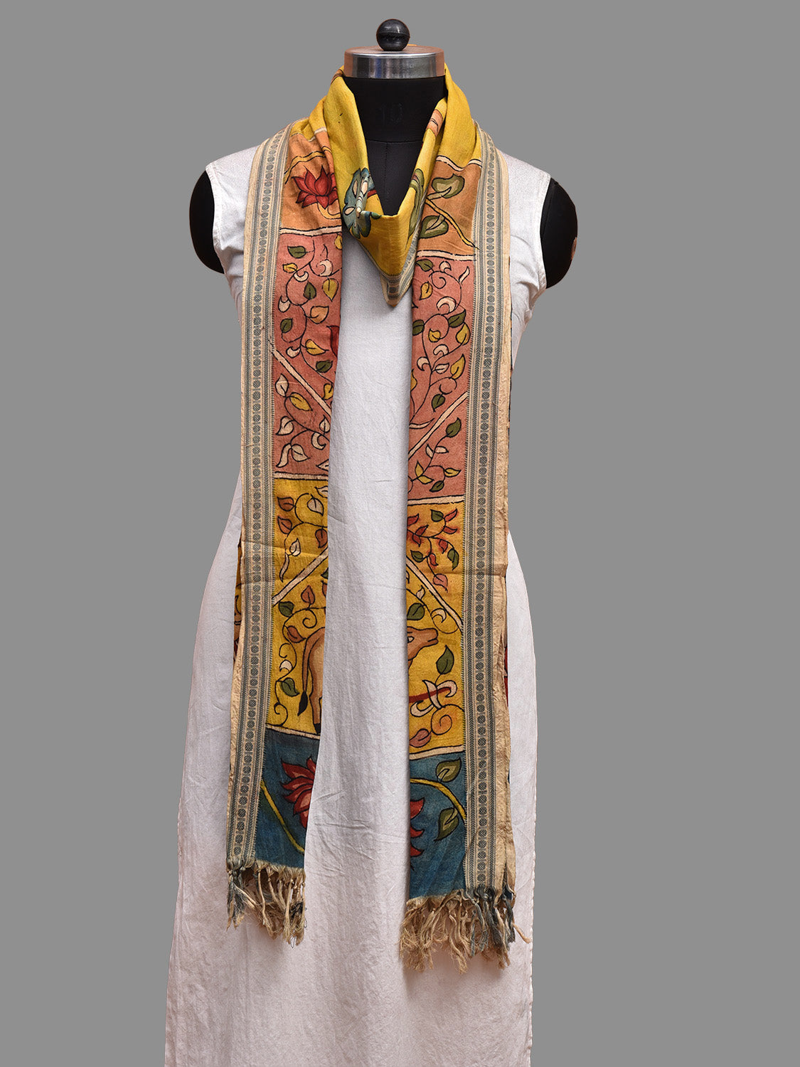 Yellow Kalamkari Hand Painted Cotton Handloom Dupatta with Floral and Animals Design ds3680