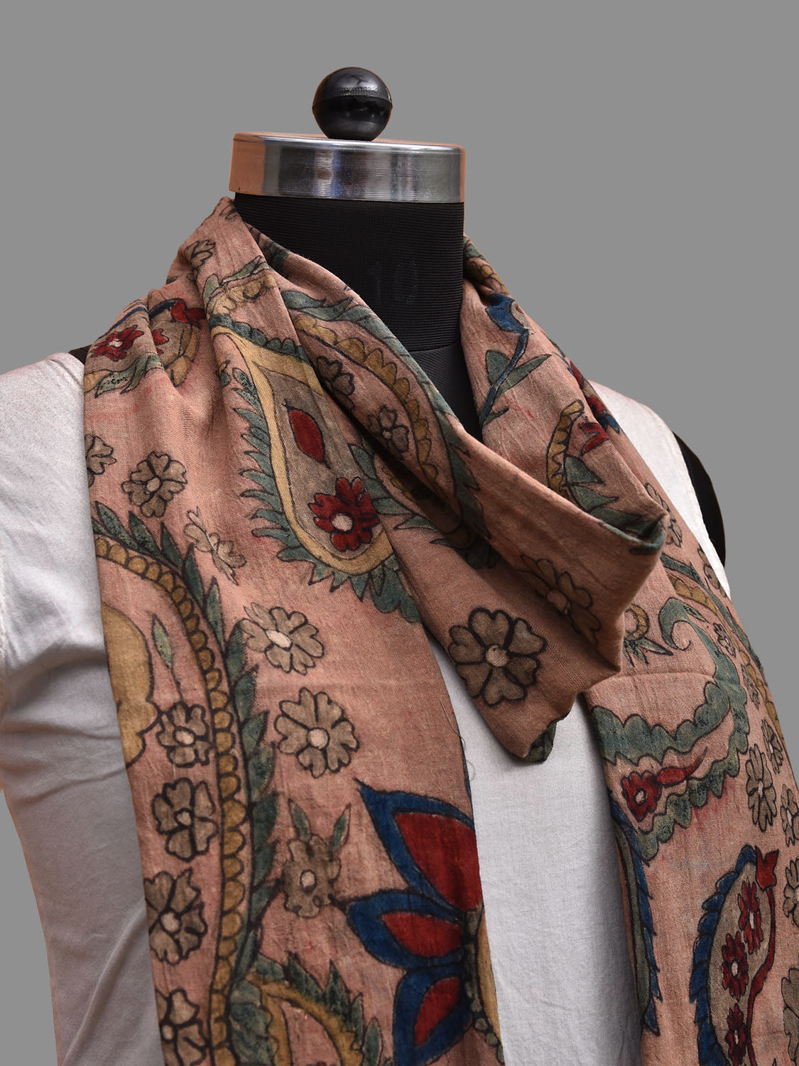 Light Peach Kalamkari Hand Painted Cotton Stole with Pasley Design ds3686