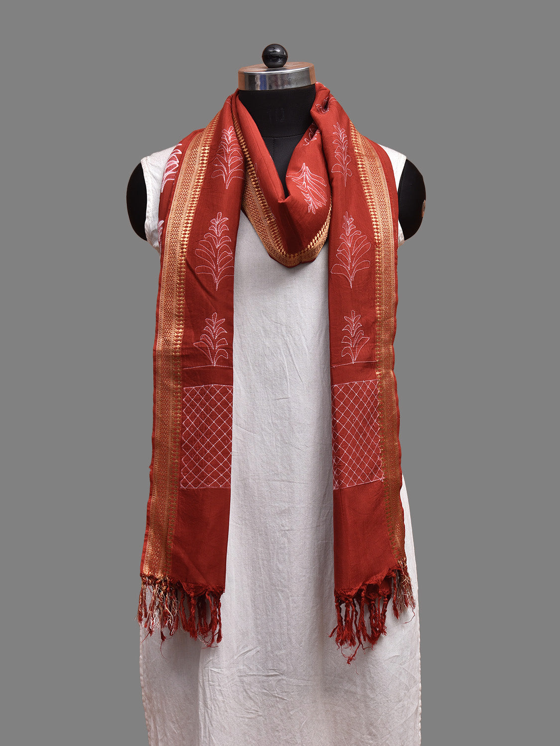 Rust Shibori Mangalgiri Sico Dupatta with Floral and Grill Design ds3692