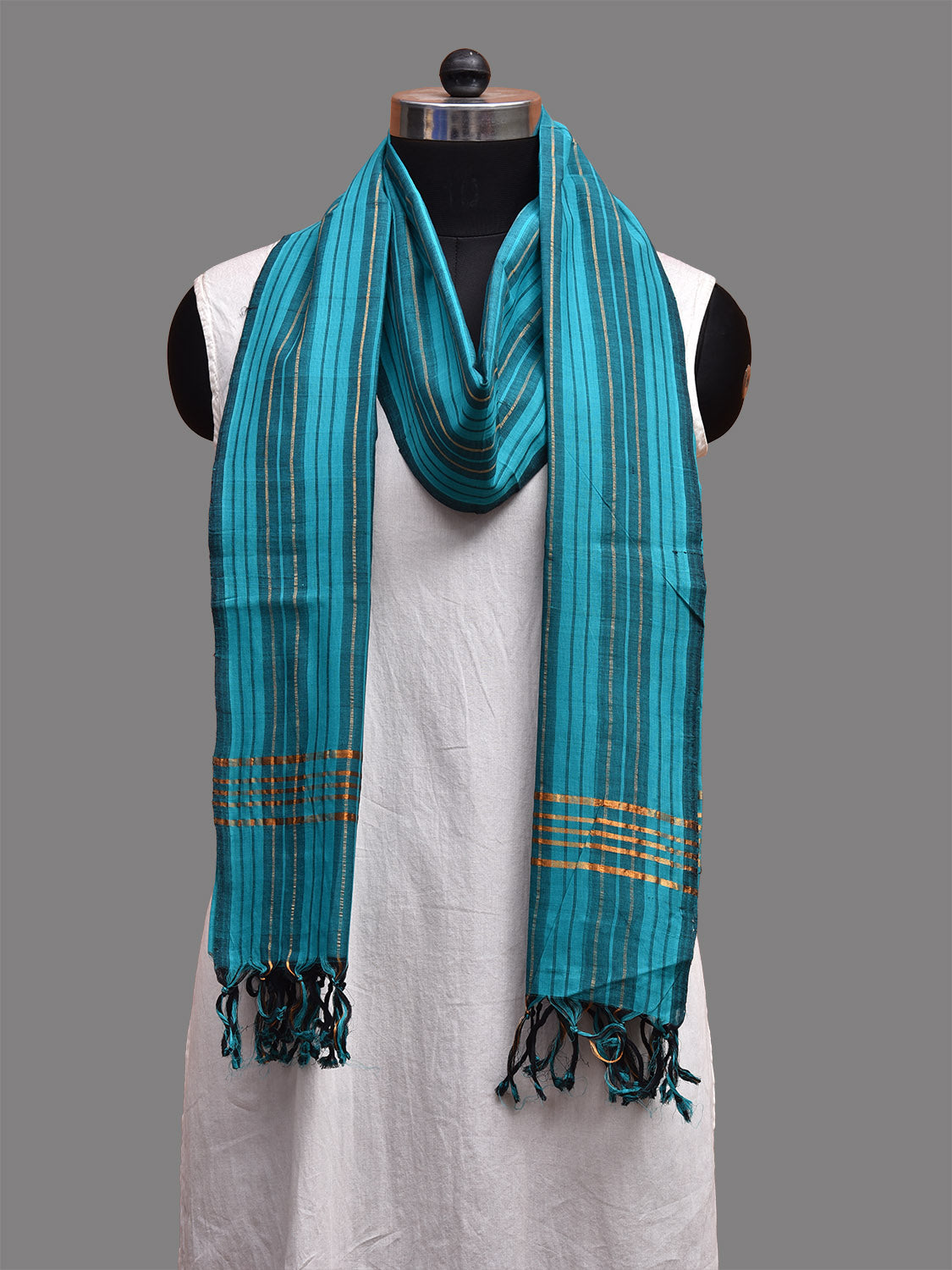 Teal Mangalgiri Cotton Dupatta with Strips Design ds3704
