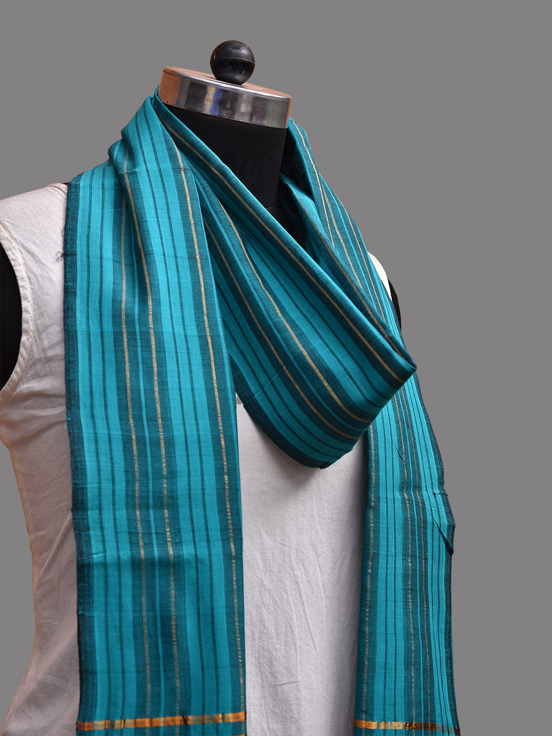 Teal Mangalgiri Cotton Dupatta with Strips Design ds3704