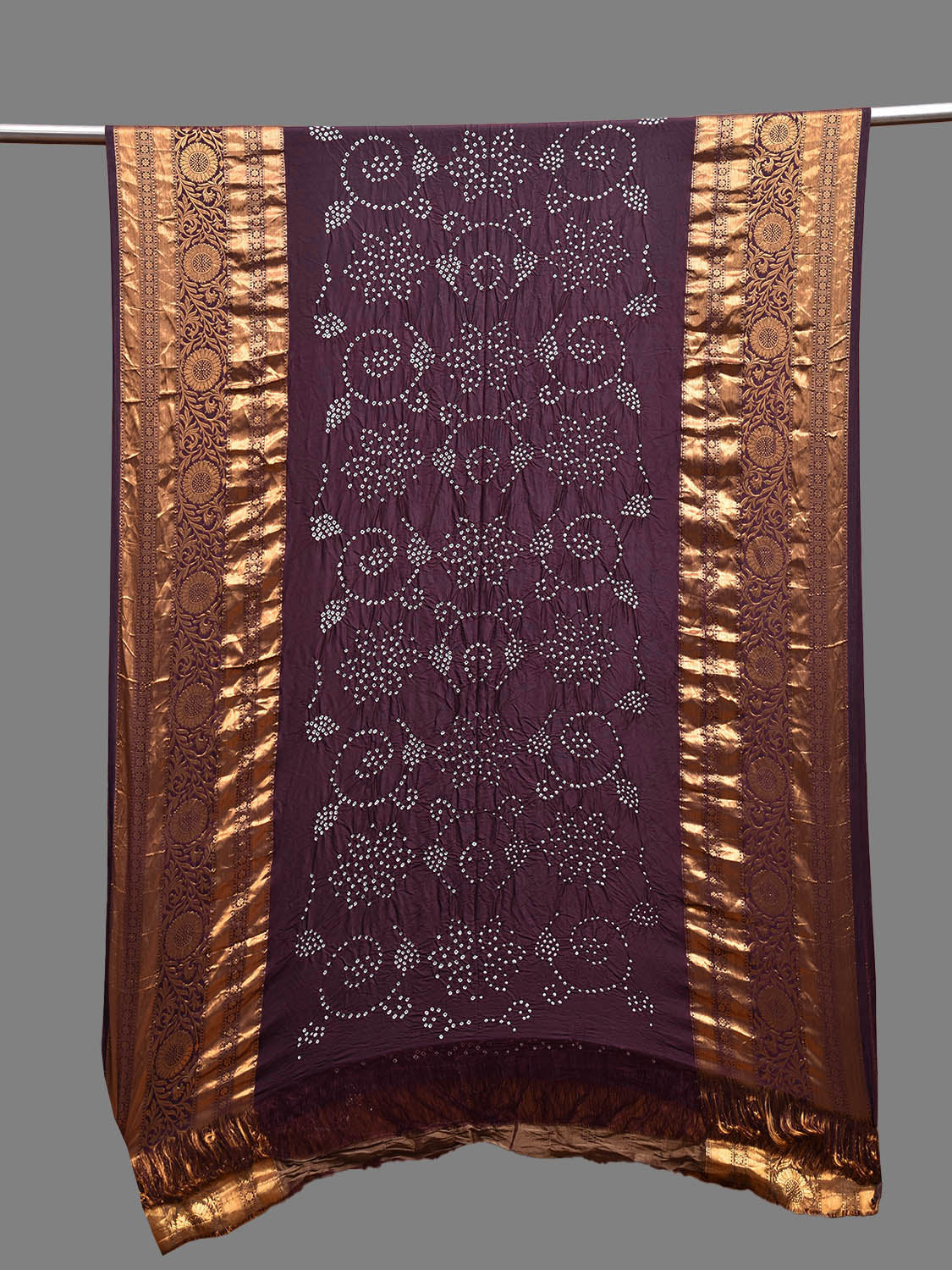 Wine Bandhani Kanchipuram Silk Handloom Dupatta with Floral and Border Design ds3707
