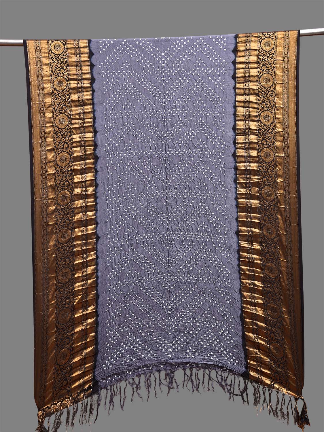 Grey and Black Bandhani Kanchipuram Silk Handloom Dupatta with Zig-Zag Design ds3708
