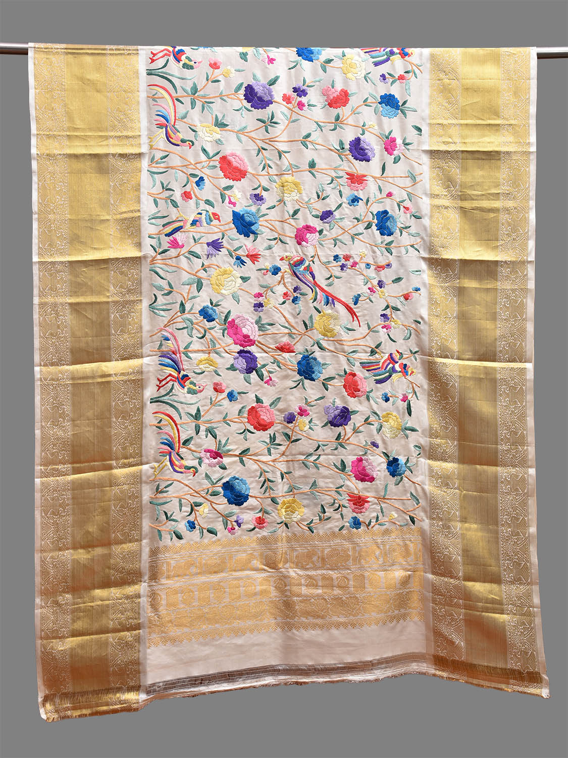 White Parsigara Hand Work Kanchipuram Silk Handloom Dupatta with Floral and Burds Design ds3711