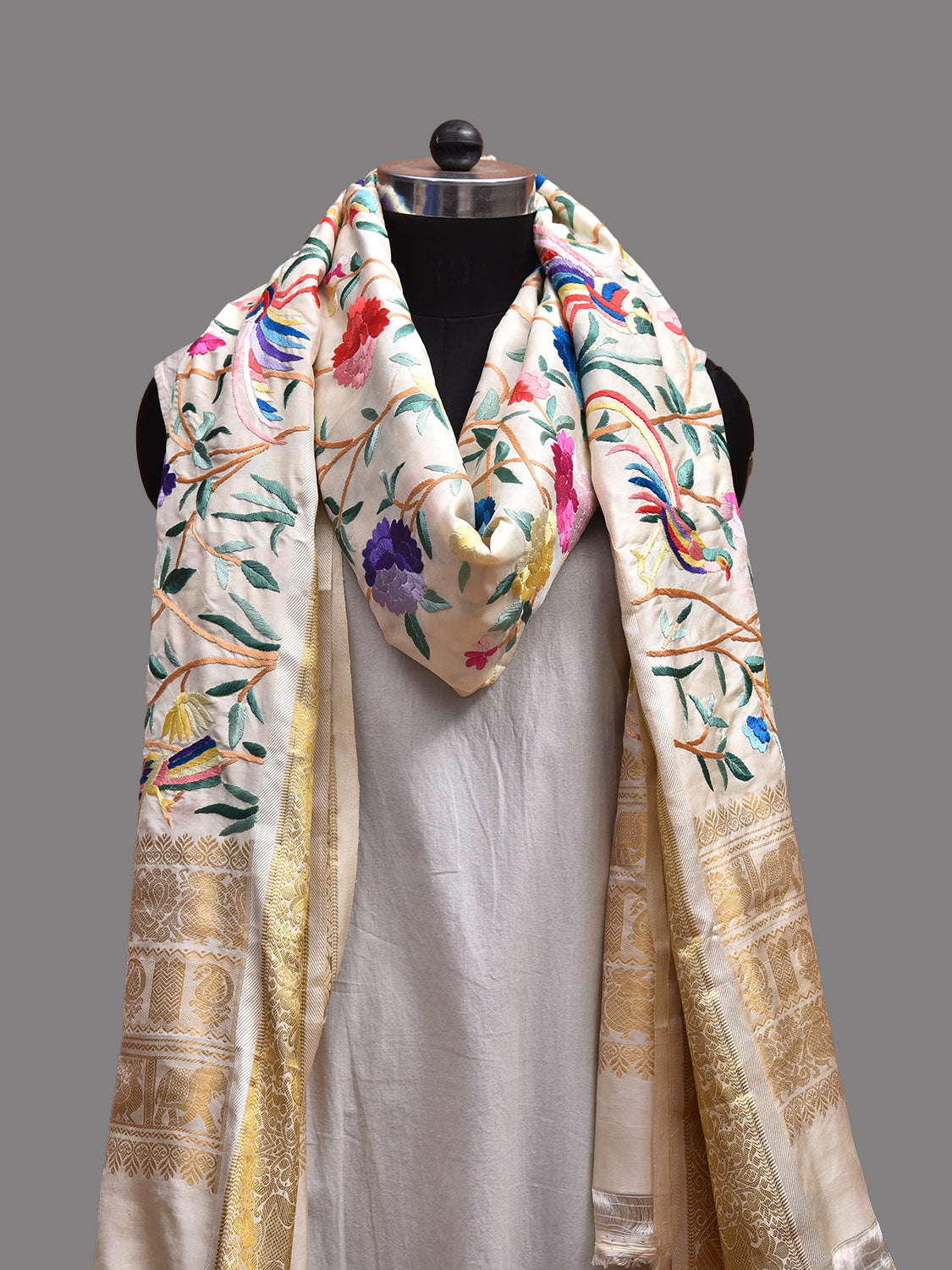 White Parsigara Hand Work Kanchipuram Silk Handloom Dupatta with Floral and Burds Design ds3711