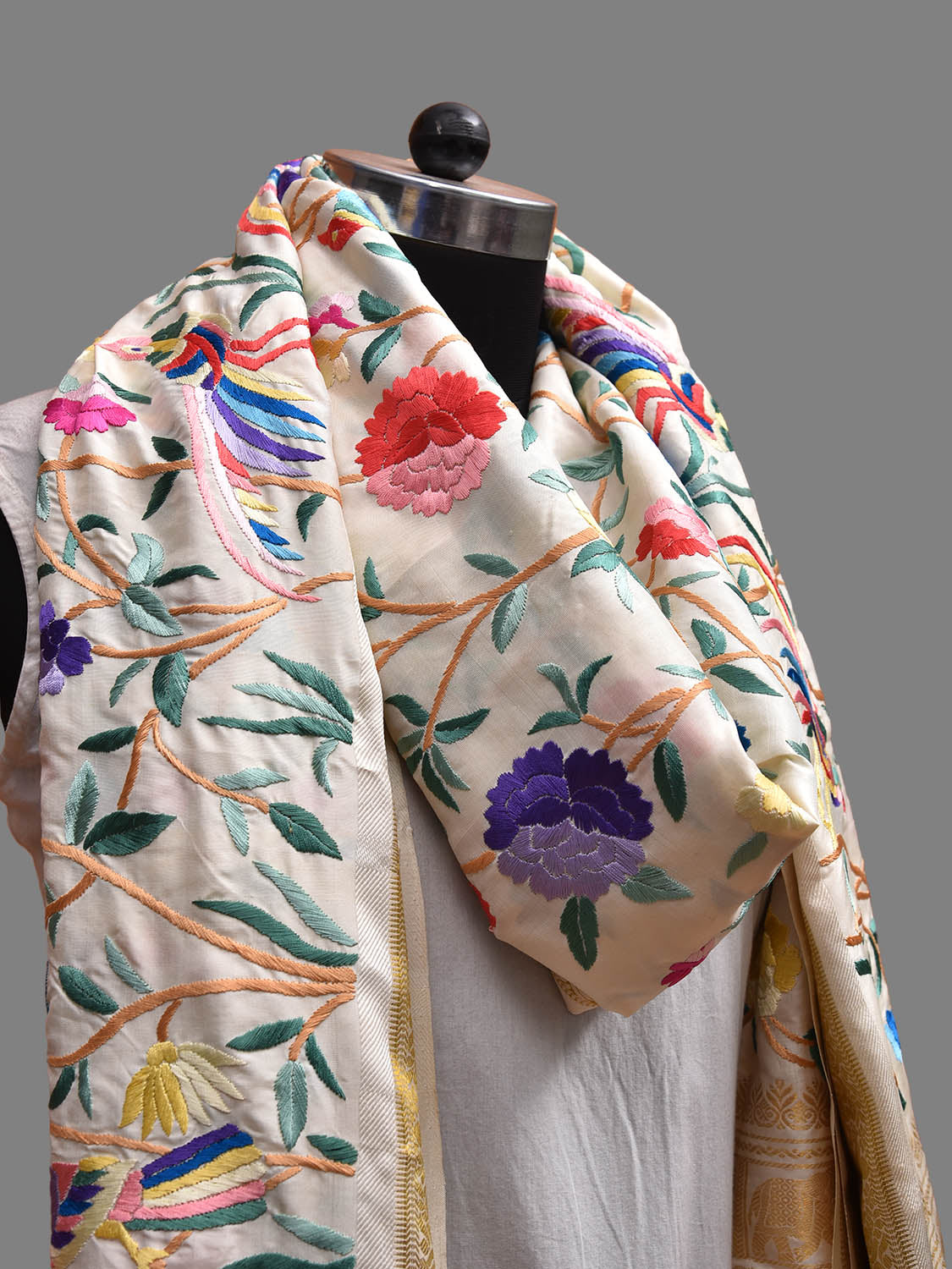 White Parsigara Hand Work Kanchipuram Silk Handloom Dupatta with Floral and Burds Design ds3711