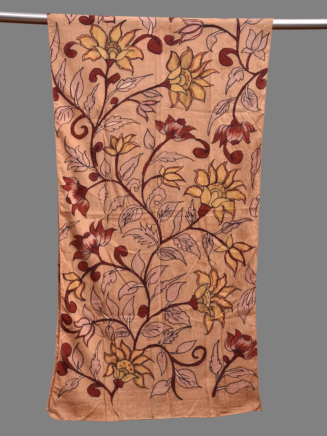 Light Orange Kalamkari Hand Painted Cotton Stole with Floral Design ds3718