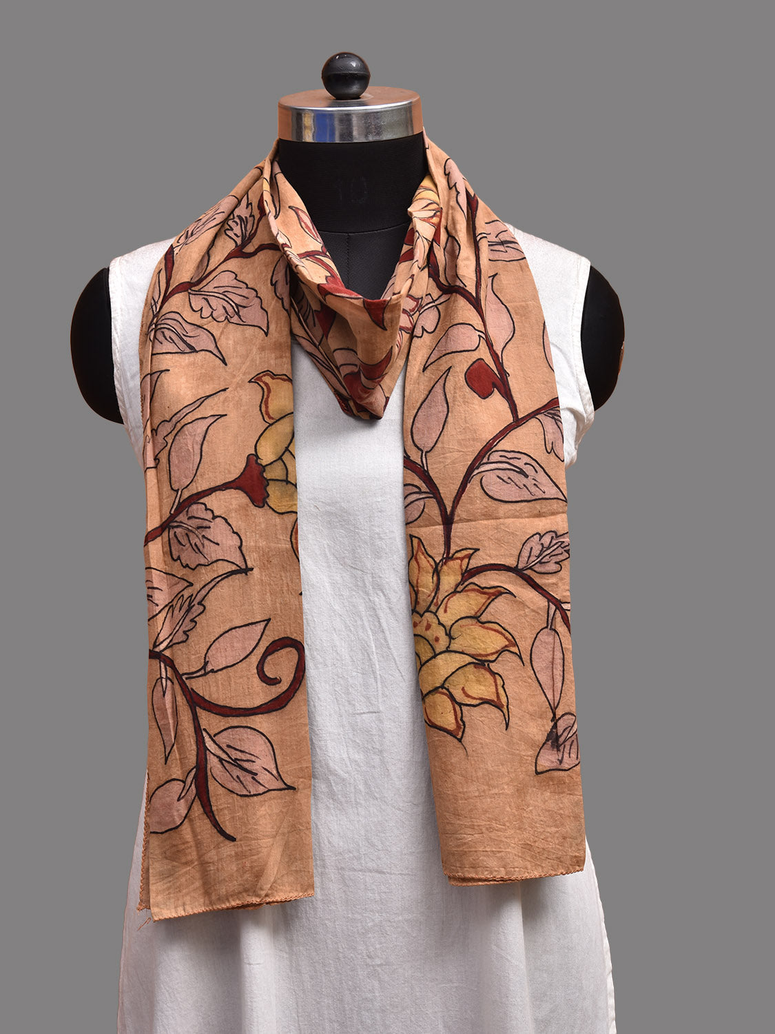 Light Orange Kalamkari Hand Painted Cotton Stole with Floral Design ds3718