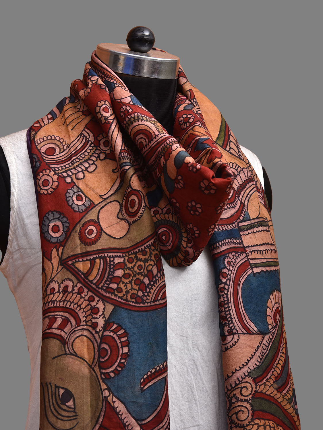 Purple and Red Kalamkari Hand Painted Kanchipuram Silk Handloom Dupatta with Saraswati Design ds3721