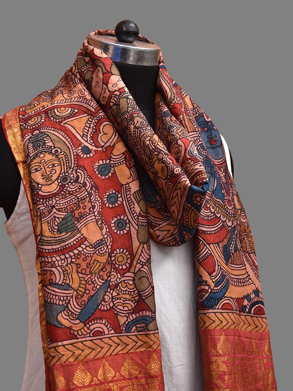 Red Kalamkari Hand Painted Kanchipuram Silk Handloom Dupatta with Ramayana Design ds3723