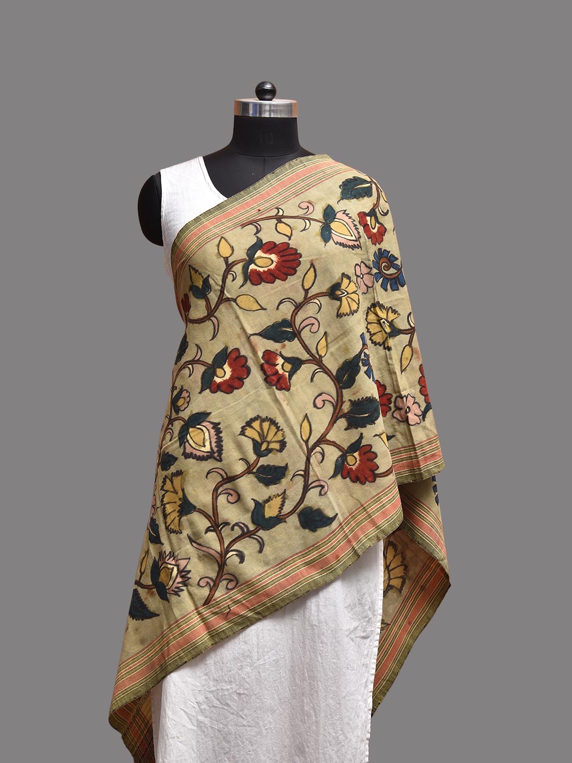 Light Green Kalamkari Hand Painted Cotton Bhujodi Stole with Floral Design ds3772