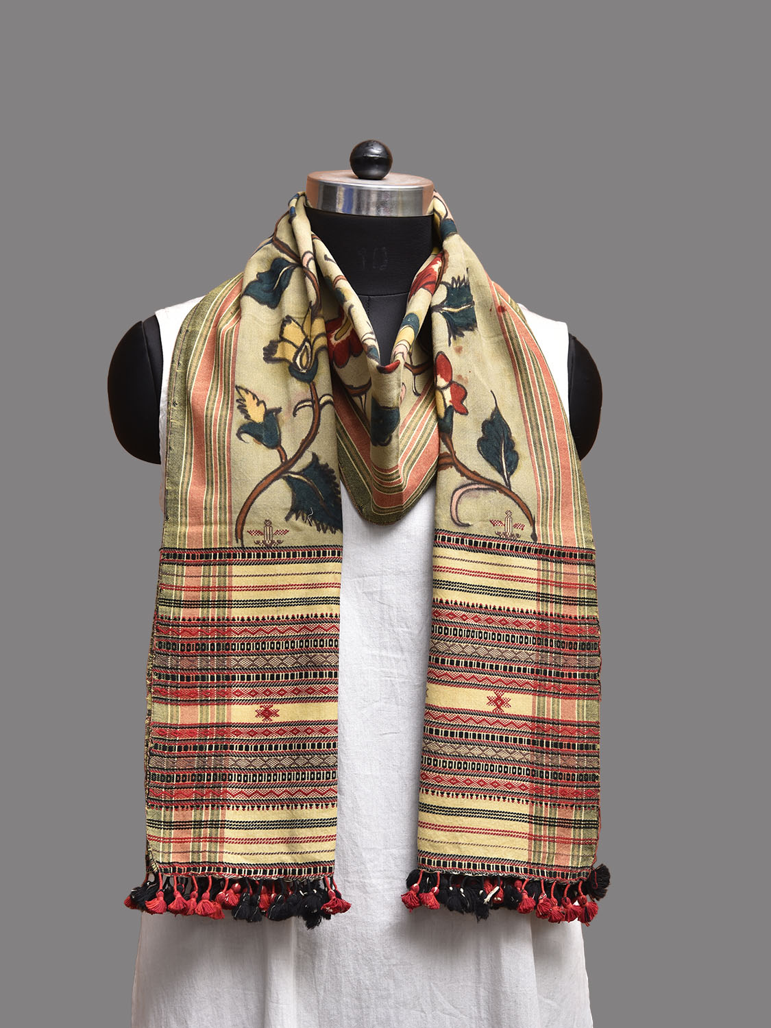 Light Green Kalamkari Hand Painted Cotton Bhujodi Stole with Floral Design ds3772