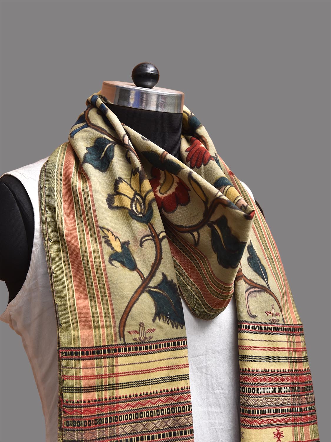 Light Green Kalamkari Hand Painted Cotton Bhujodi Stole with Floral Design ds3772
