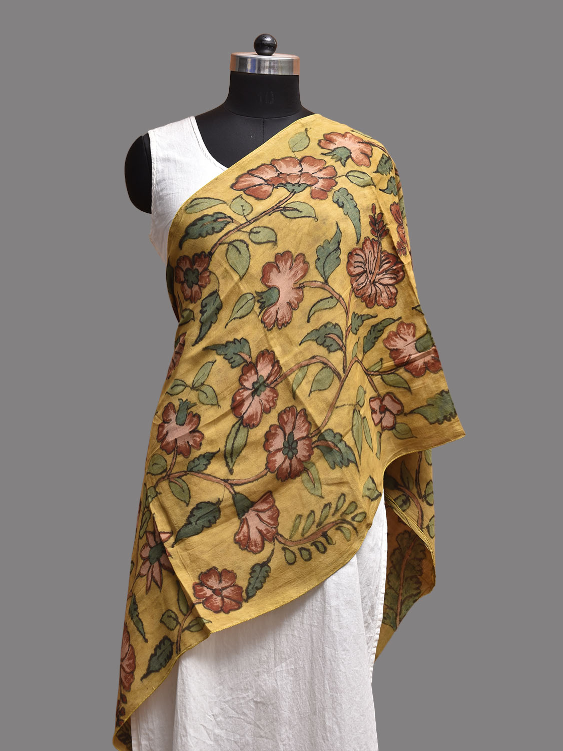 Yellow Kalamkari Hand Painted Sico Stole with Floral Design ds3776