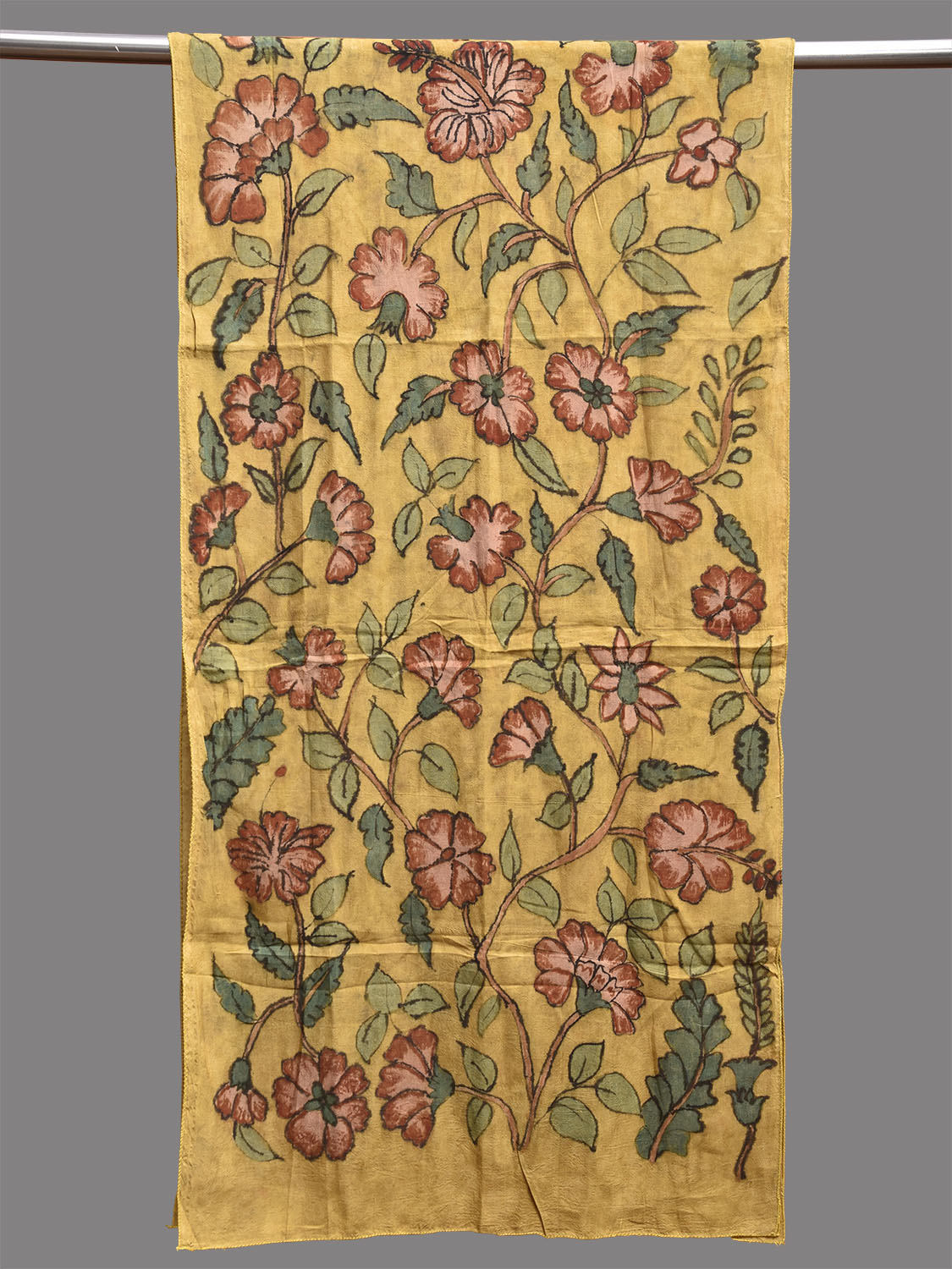 Yellow Kalamkari Hand Painted Sico Stole with Floral Design ds3776