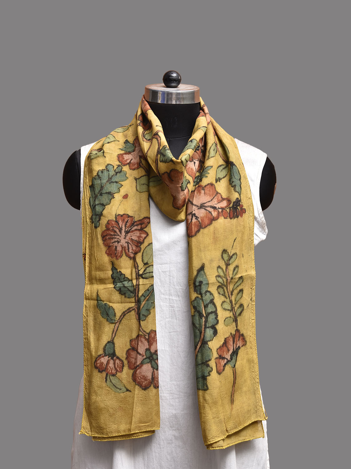 Yellow Kalamkari Hand Painted Sico Stole with Floral Design ds3776