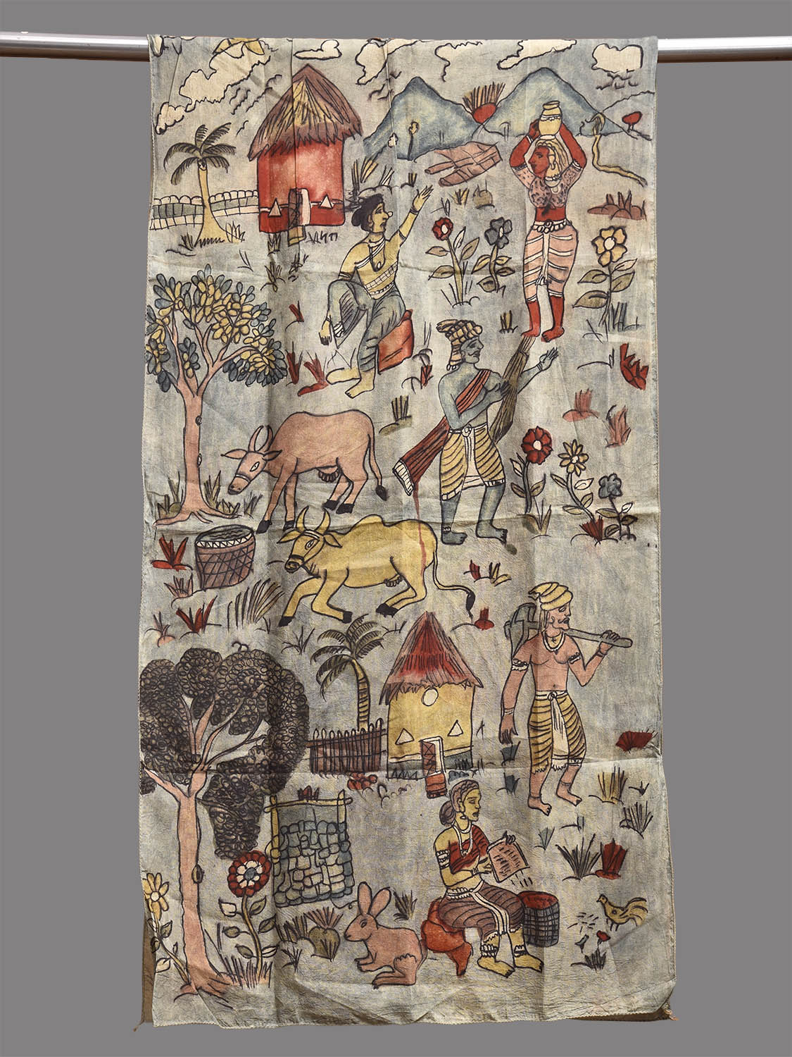 Sea Blue Kalamkari Hand Painted Sico Stole with Village Theme Design ds3782