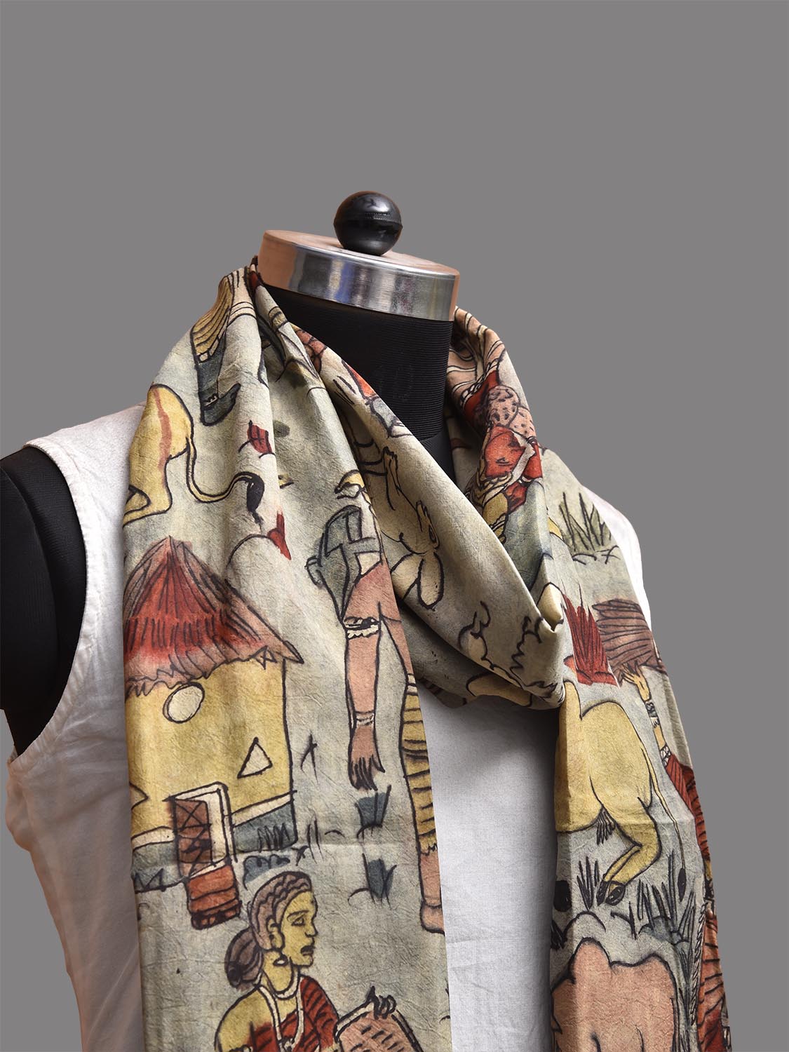 Sea Blue Kalamkari Hand Painted Sico Stole with Village Theme Design ds3782